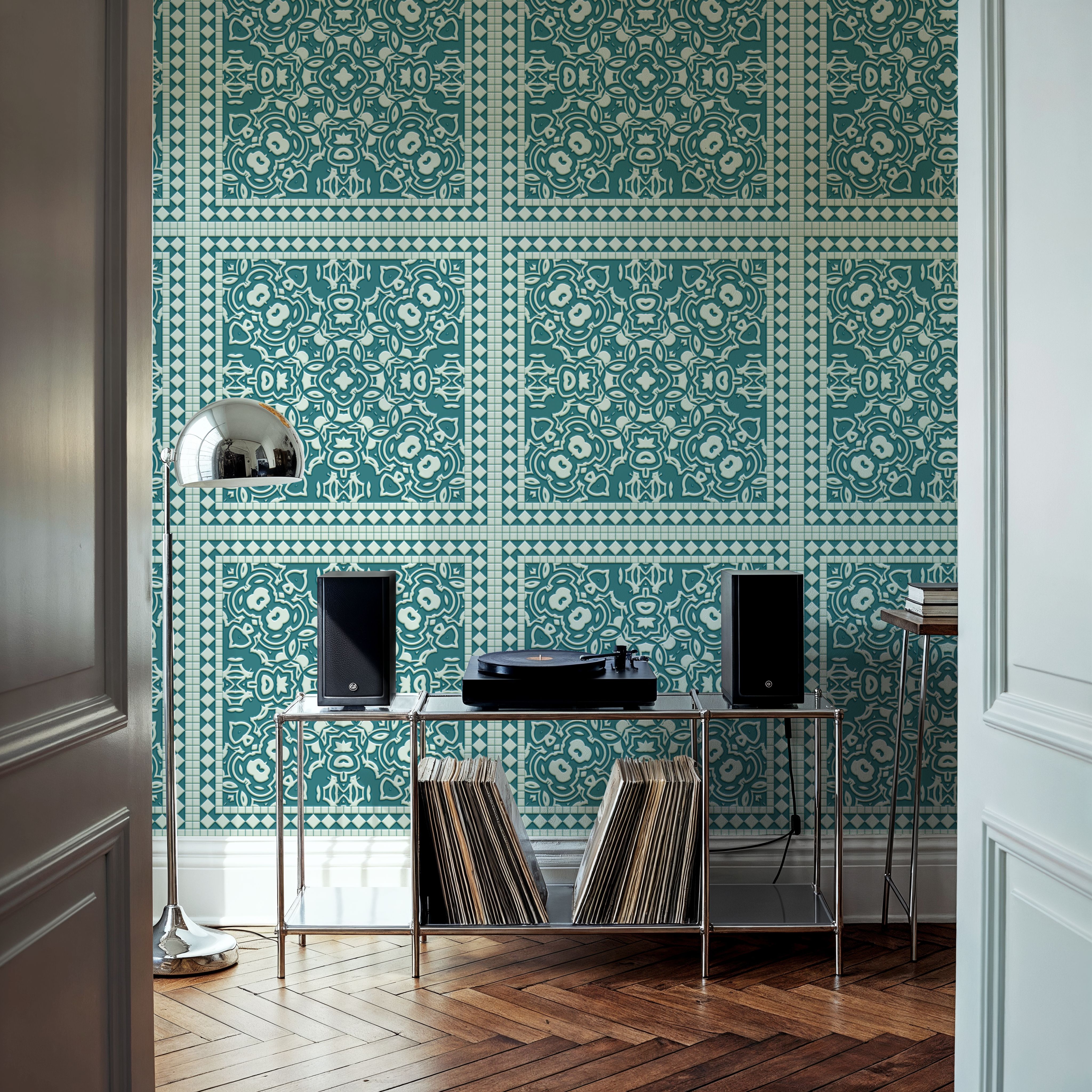 Mission Cement Tiles, Teal, Papier peint