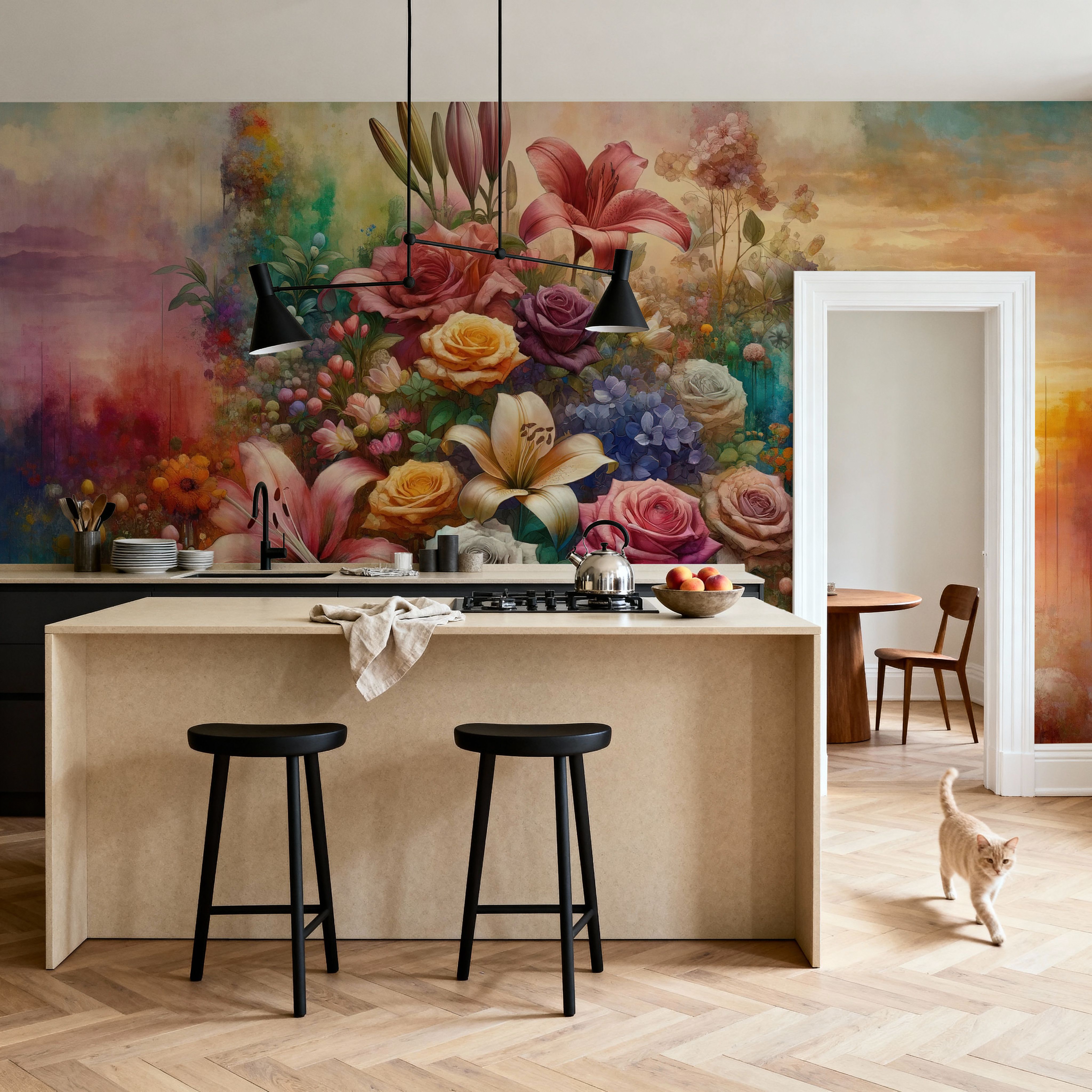 Watercolor Exuberant Garden At Sunse