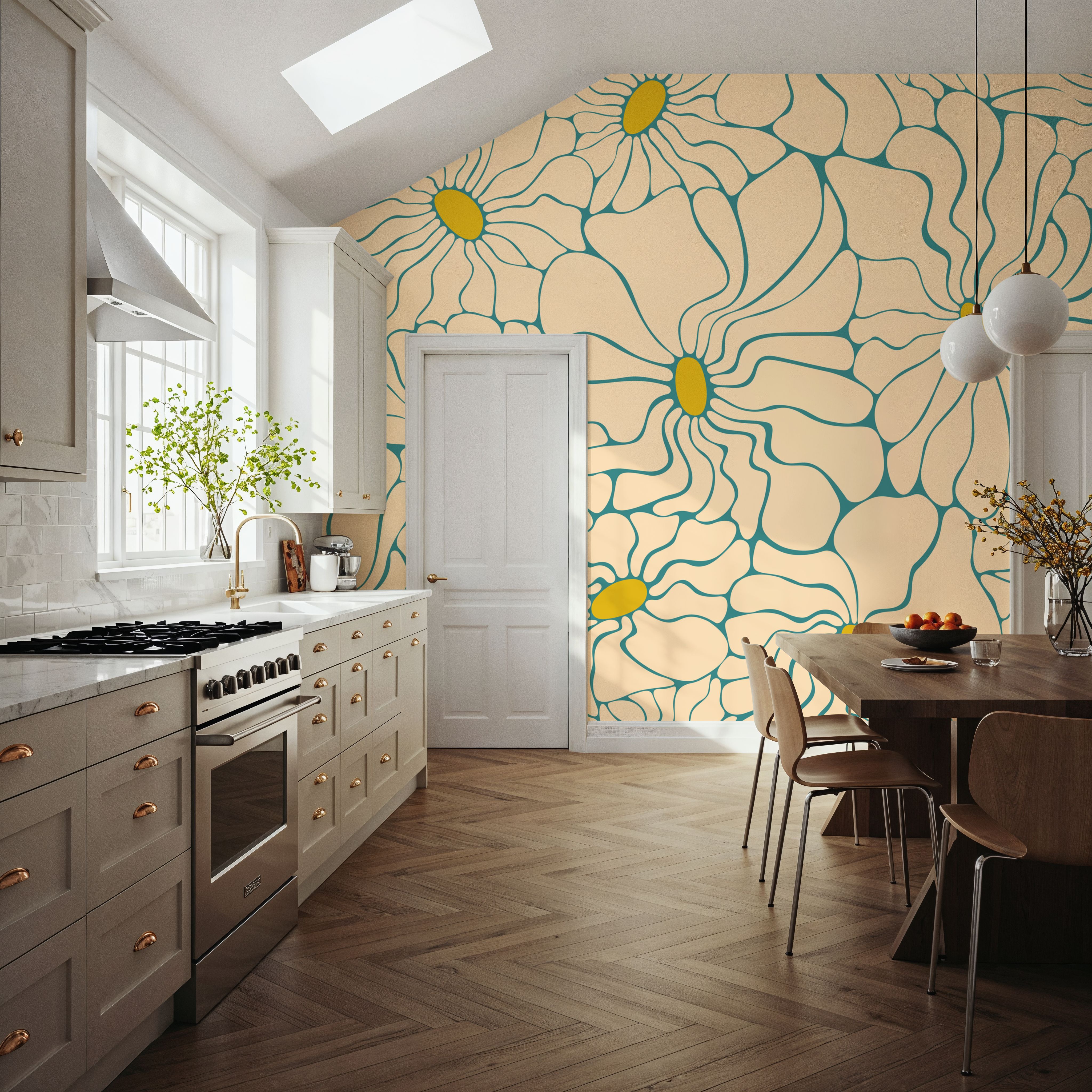 Cool Fluid Flowers Mural, Cream