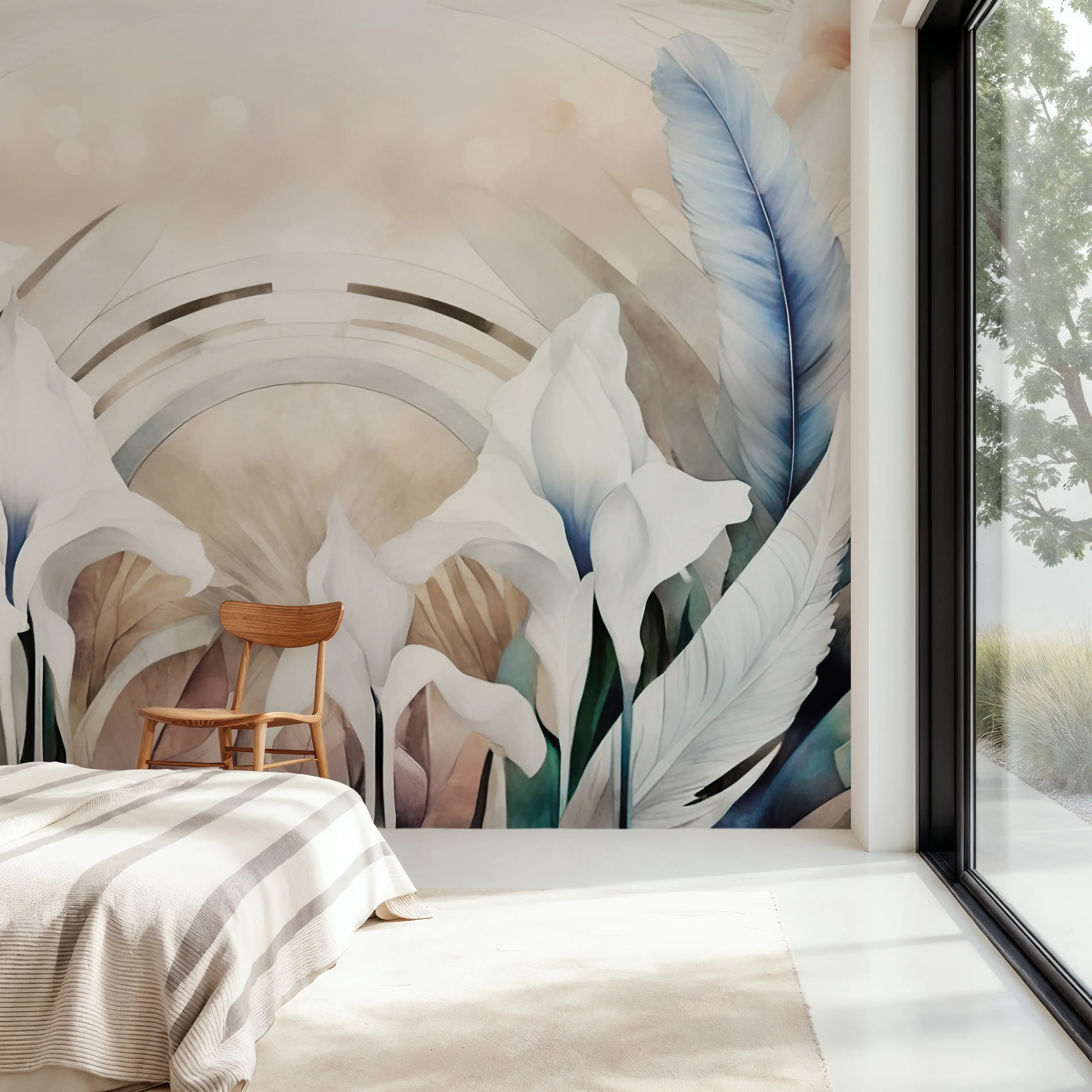 Wall Mural - Irises and Feathers Bright - Floral Nature mural wallpaper - White - Bedroom - Wallism Ireland - Peel & Stick or Paste-the-Wall