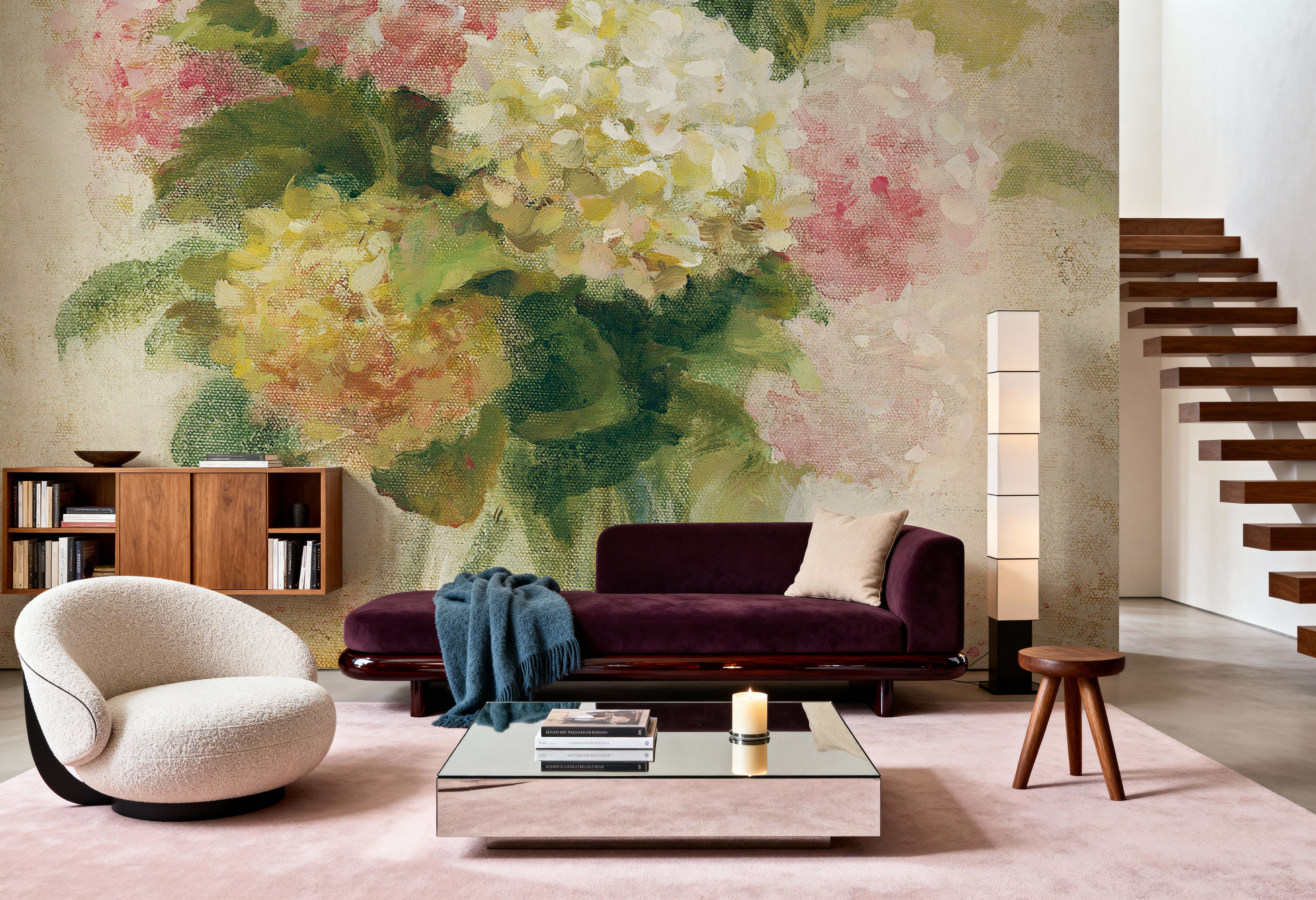 Wall Mural - Cottage Hydrangeas in Pink - Contemporary mural wallpaper - Hallway staircases - Wallism US - Premium, Textured or Peel & Stick