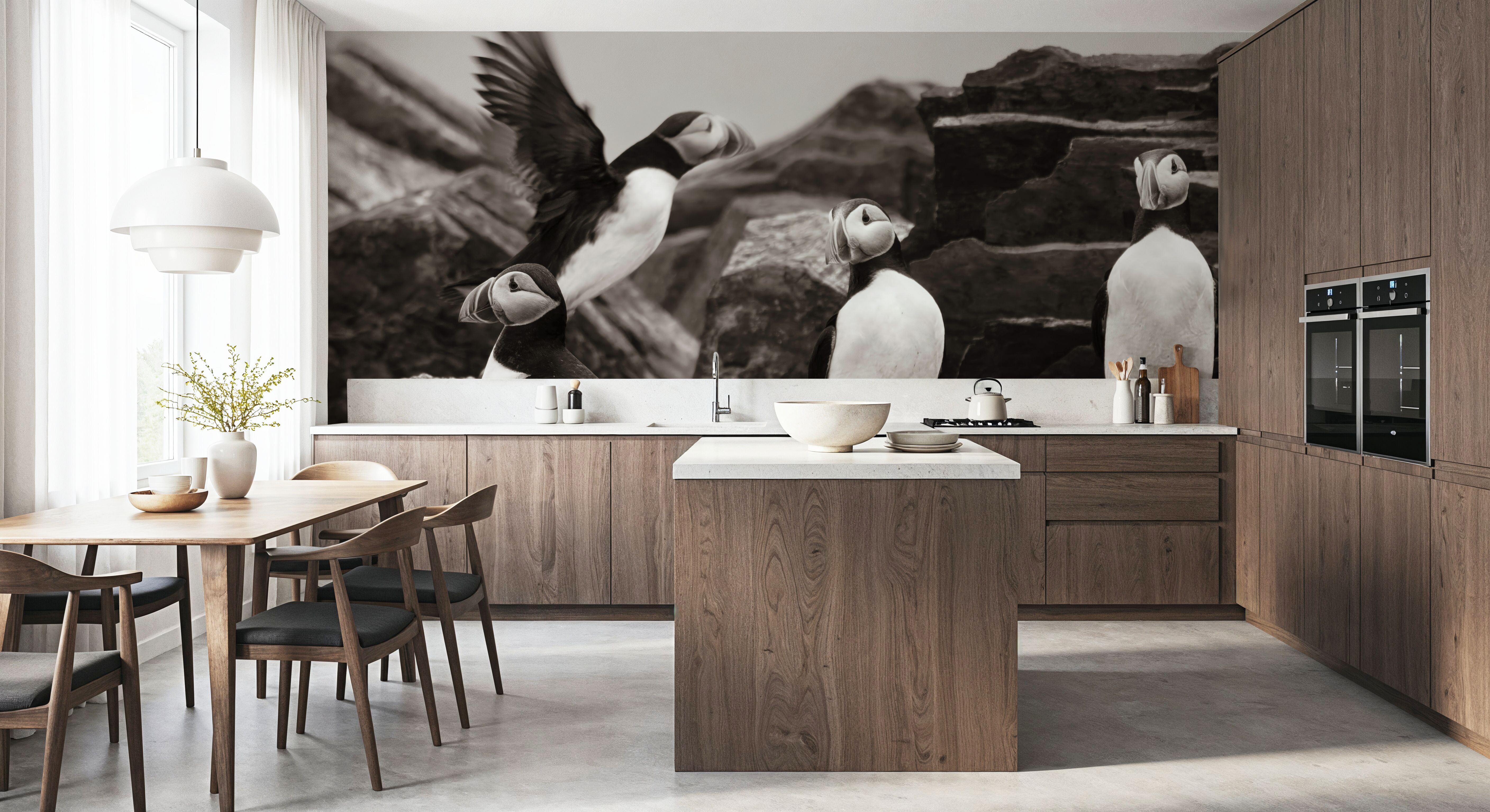 Atlantic Puffin Colony BW