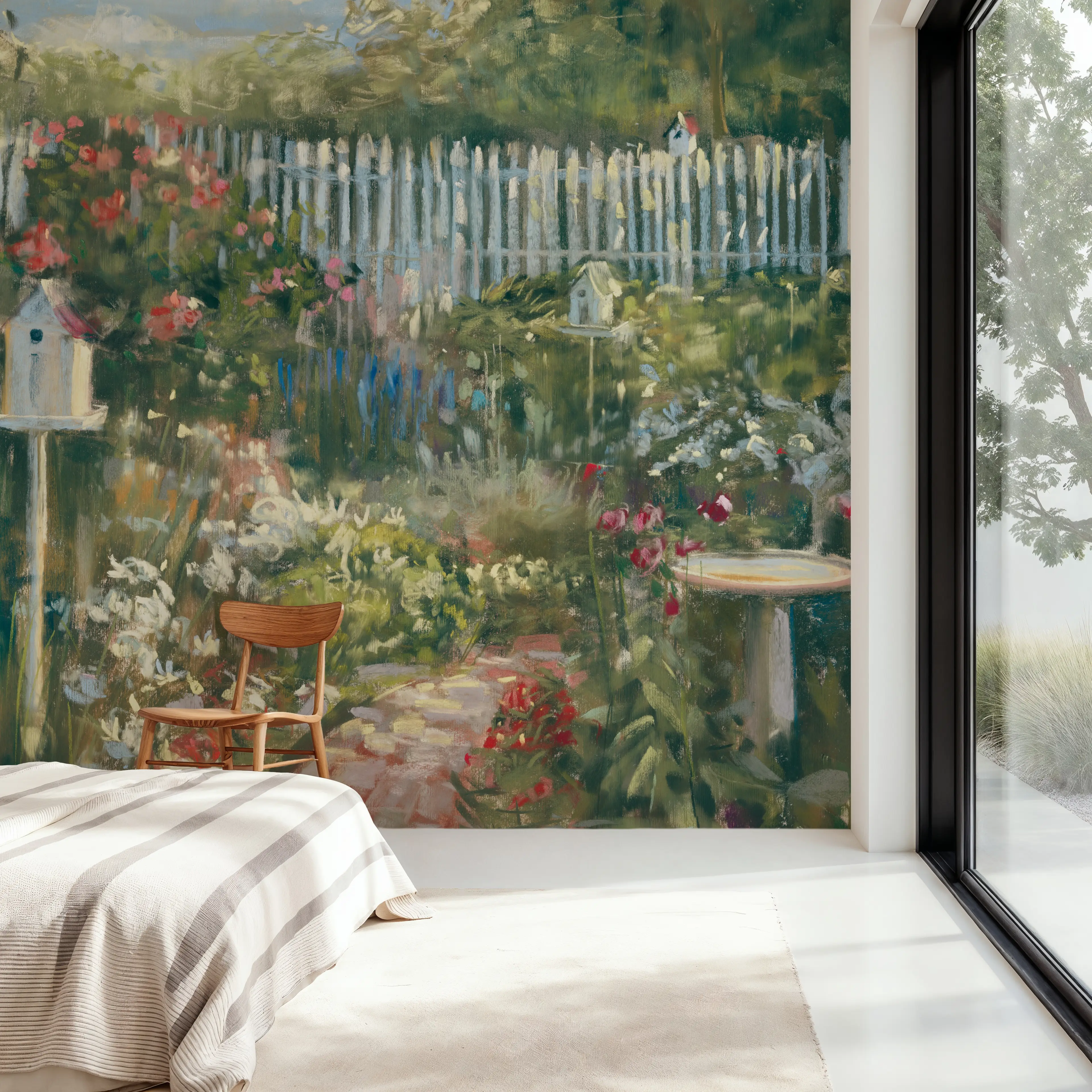 Papier Peint Panoramique - Birdhouse Garden - Floral Ciel - Vert - Bureaux - Wallism France - Encollage au mur ou Autocollant