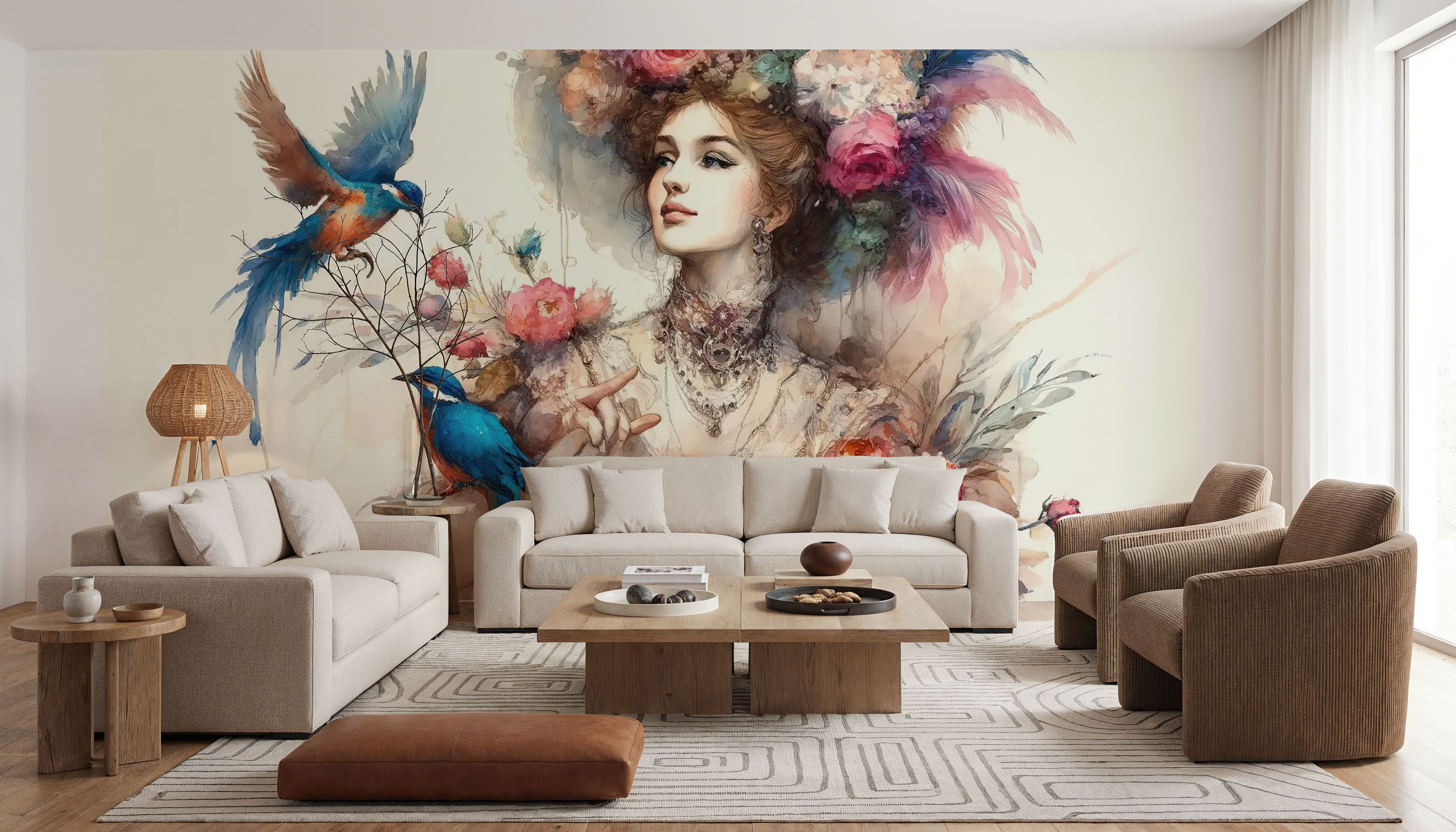 Enchanting Lady Amidst Blooms and Birds