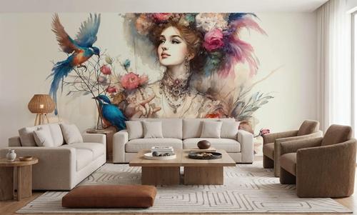 Enchanting Lady Amidst Blooms and Birds