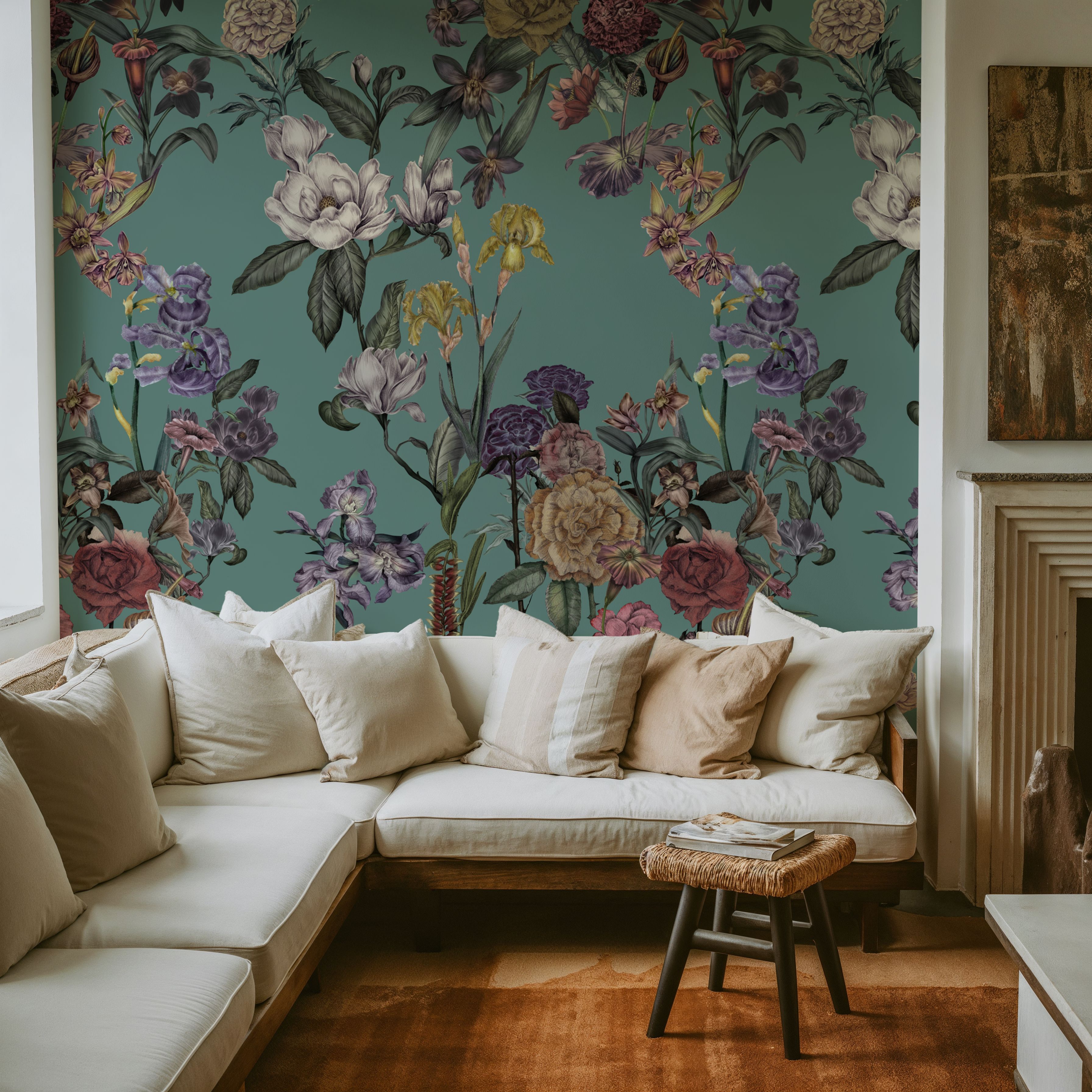 Floral Gaze, Turquoise, Wallpaper