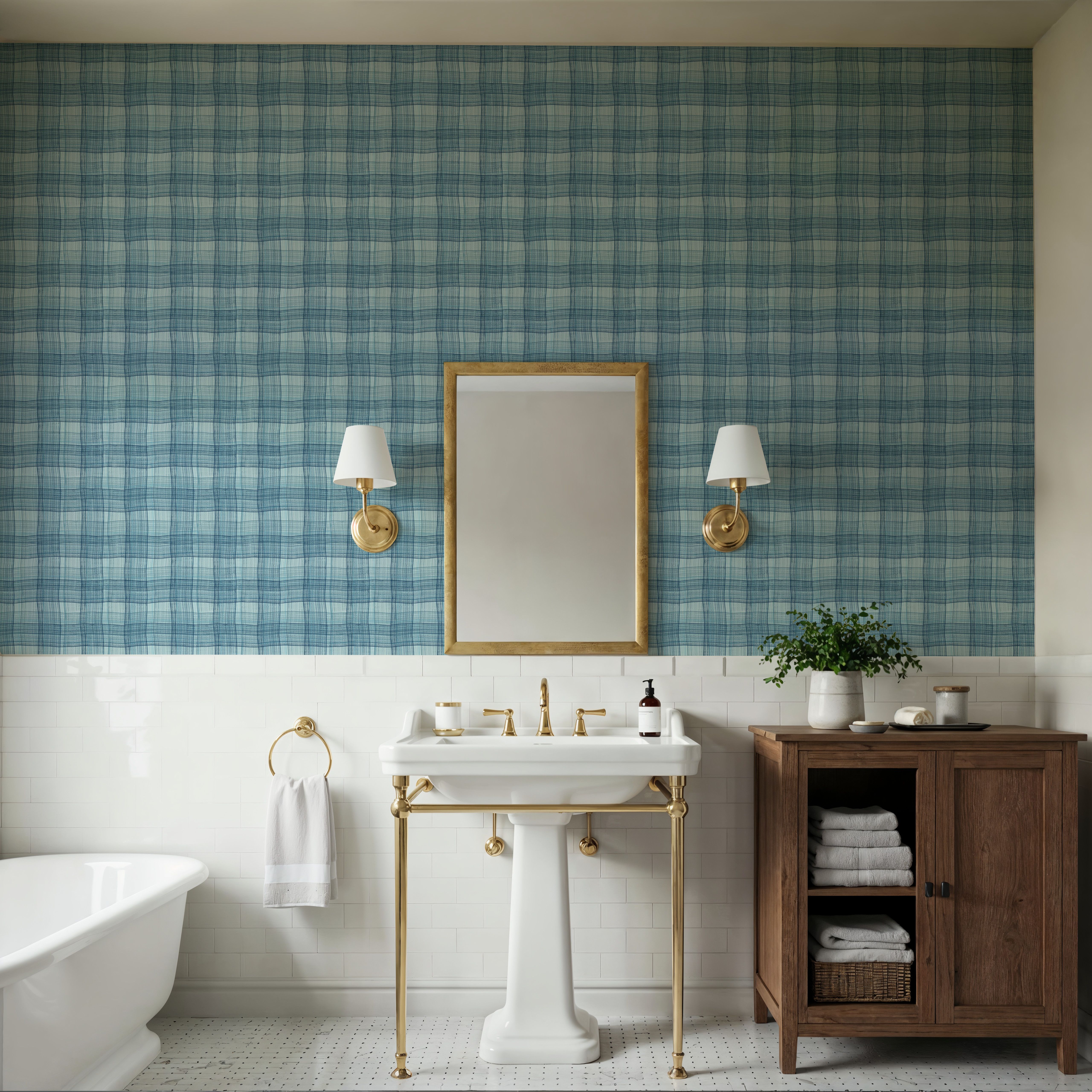 Stripy Gingham, Marine, Papel de parede