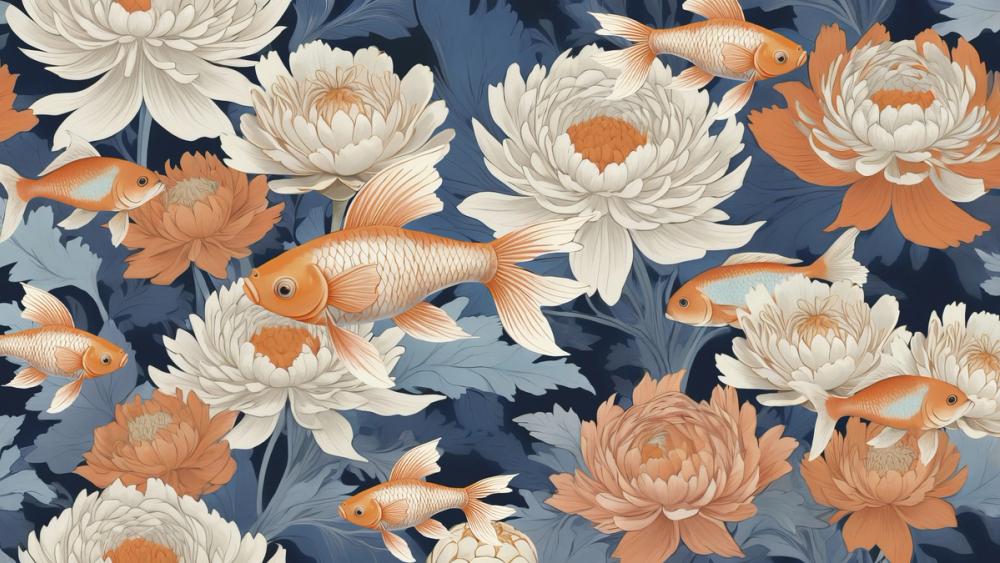 Dancing Fish, Orange on Blue