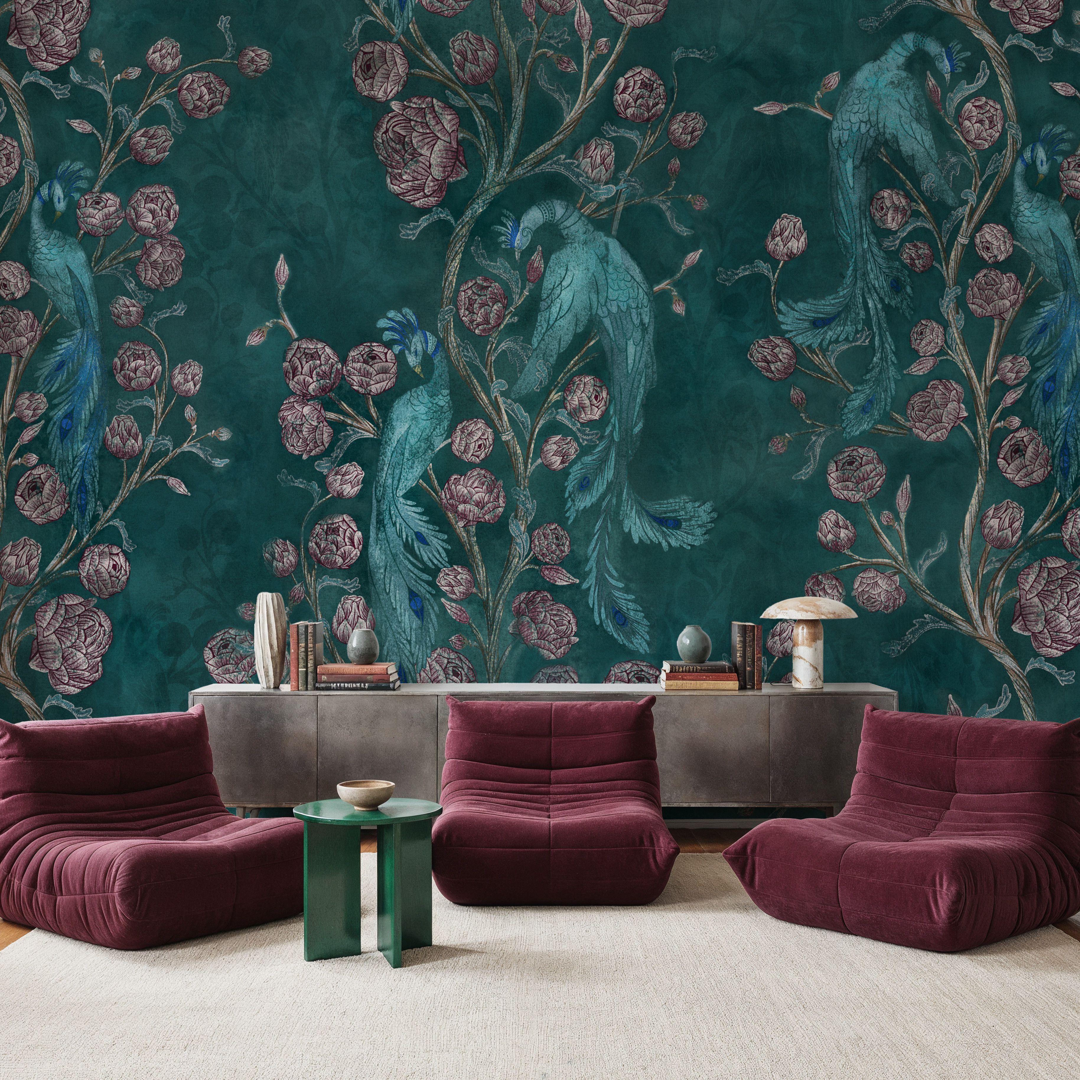 Peacock and Peony Chinoiserie Teal