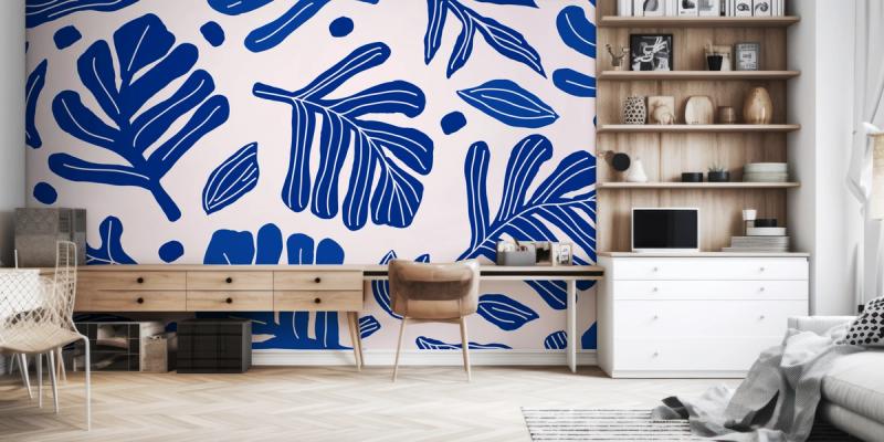 Monstera Cuttings, Intense Blue wallpaper mural 100% PVC-free and non-toxic