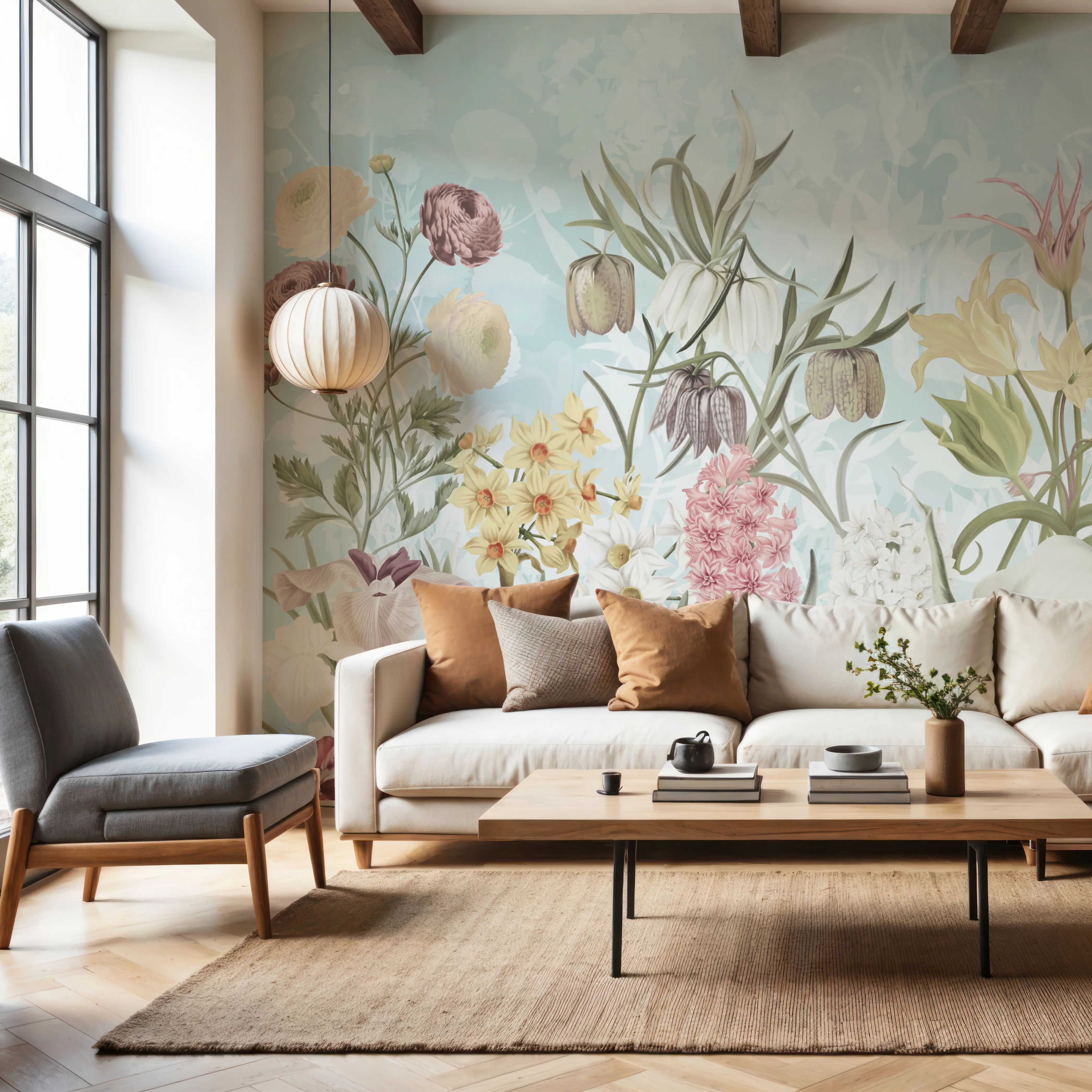 Papier Peint Panoramique - Happy Spring Flowers - Floral Feuillage - Bleu - Couloir et escaliers - Wallism Belgique - Encollage au mur ou Autocollant