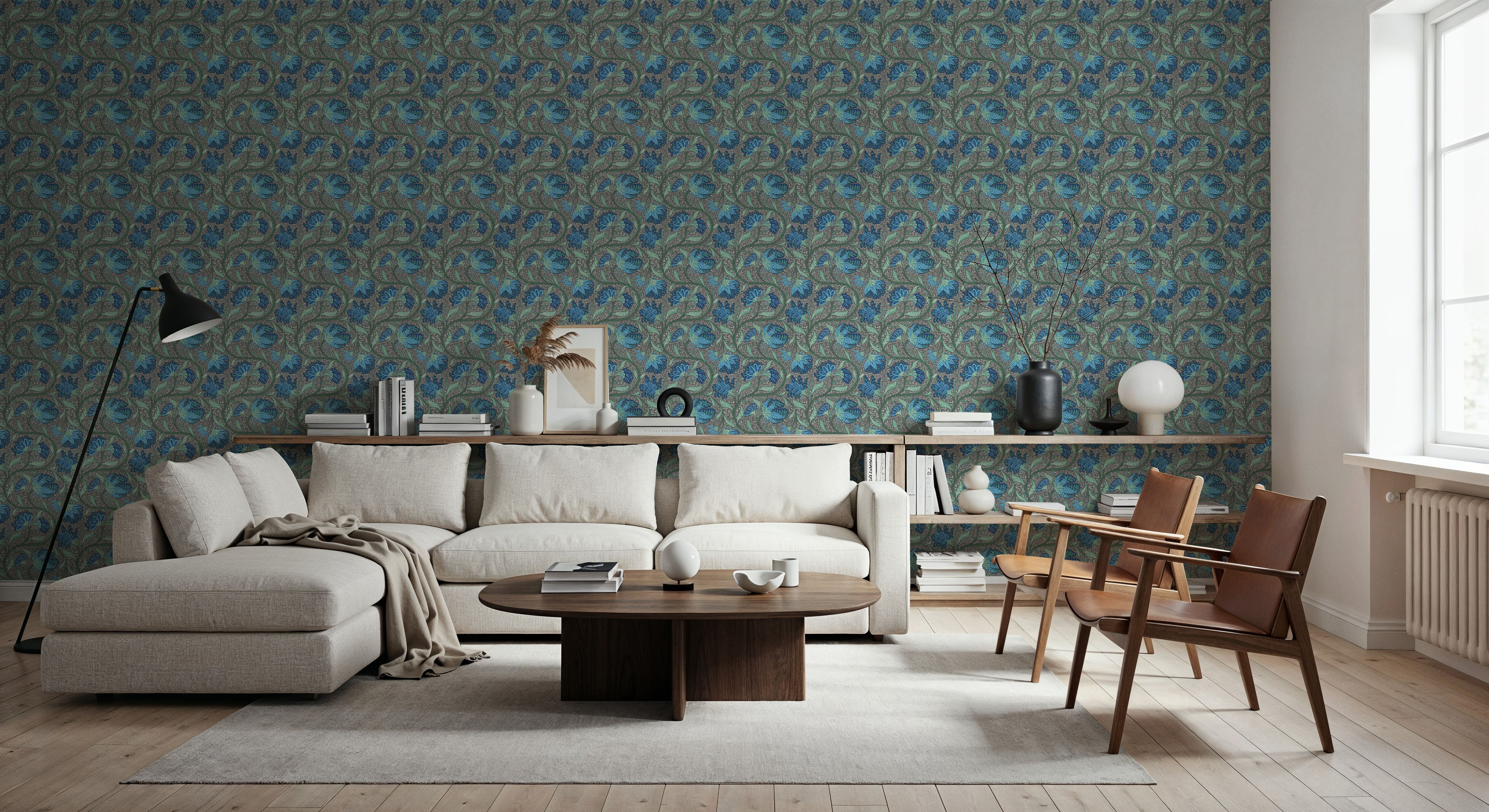 Indial Floral, Teal on Slate