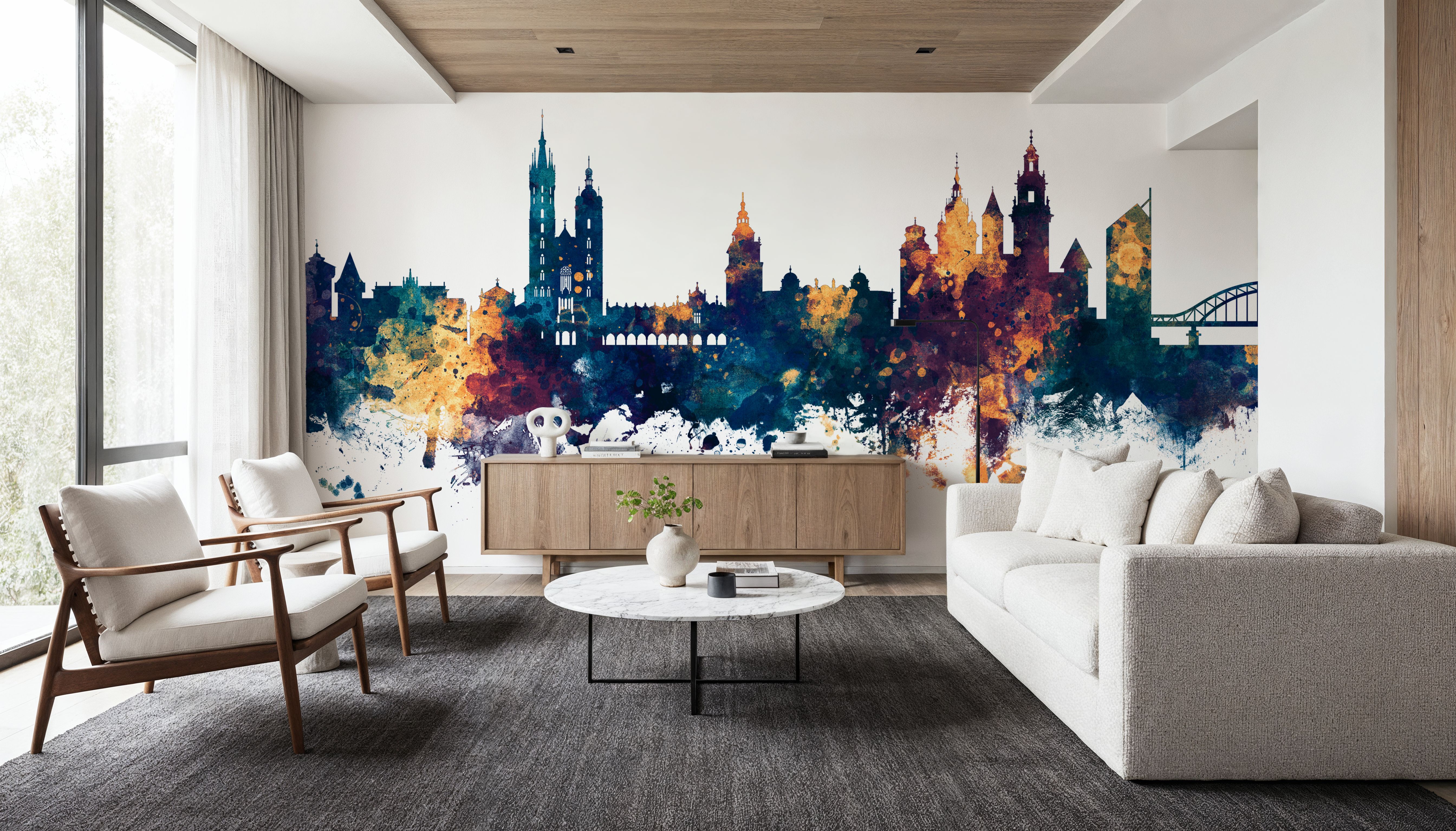 Krakow Skyline Blue & Bronze, Papier peint
