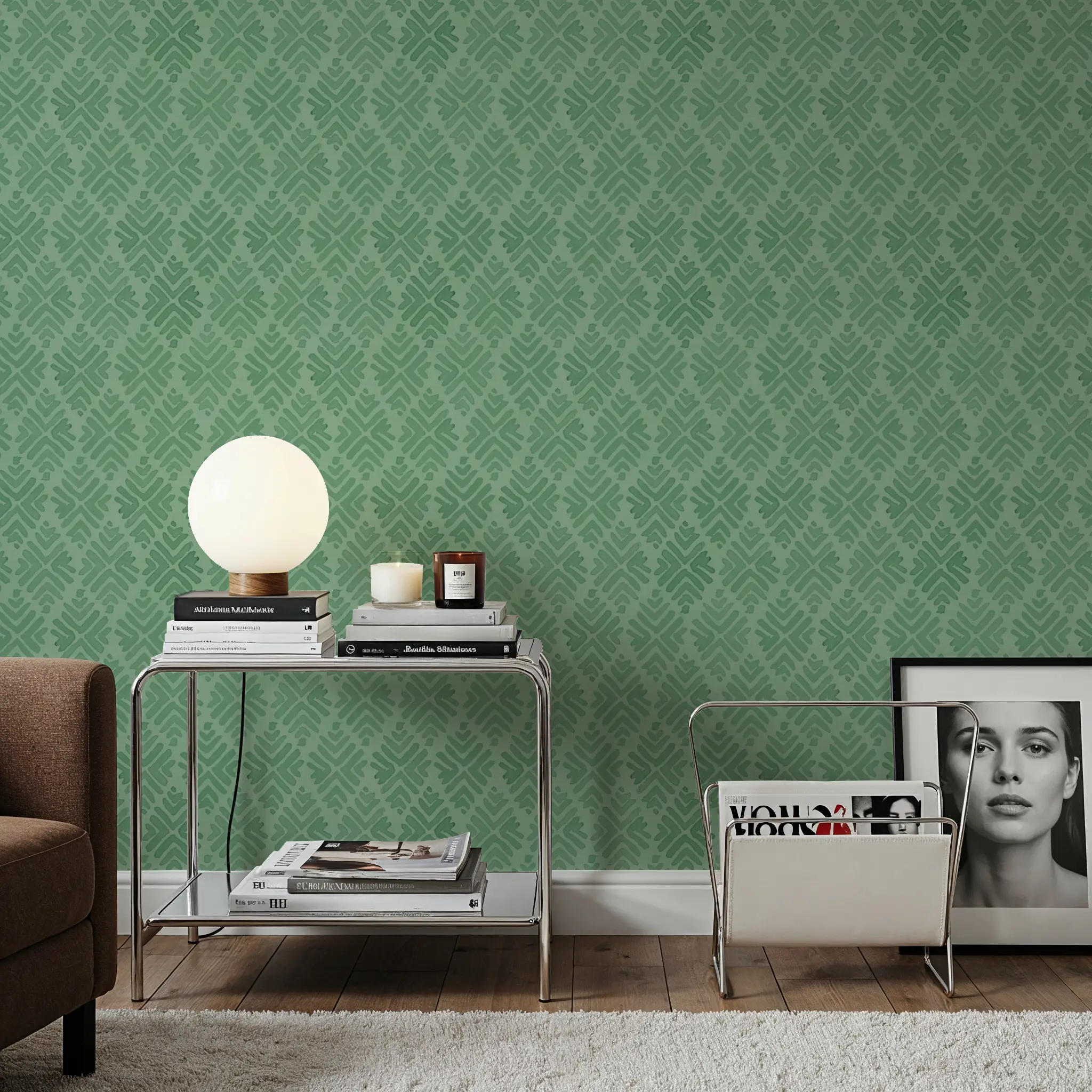 Wallpaper - Bohemian Leaves Green - Ikat - Green - Dining Room - Wallism UK - Peel & Stick or Paste-the-Wall