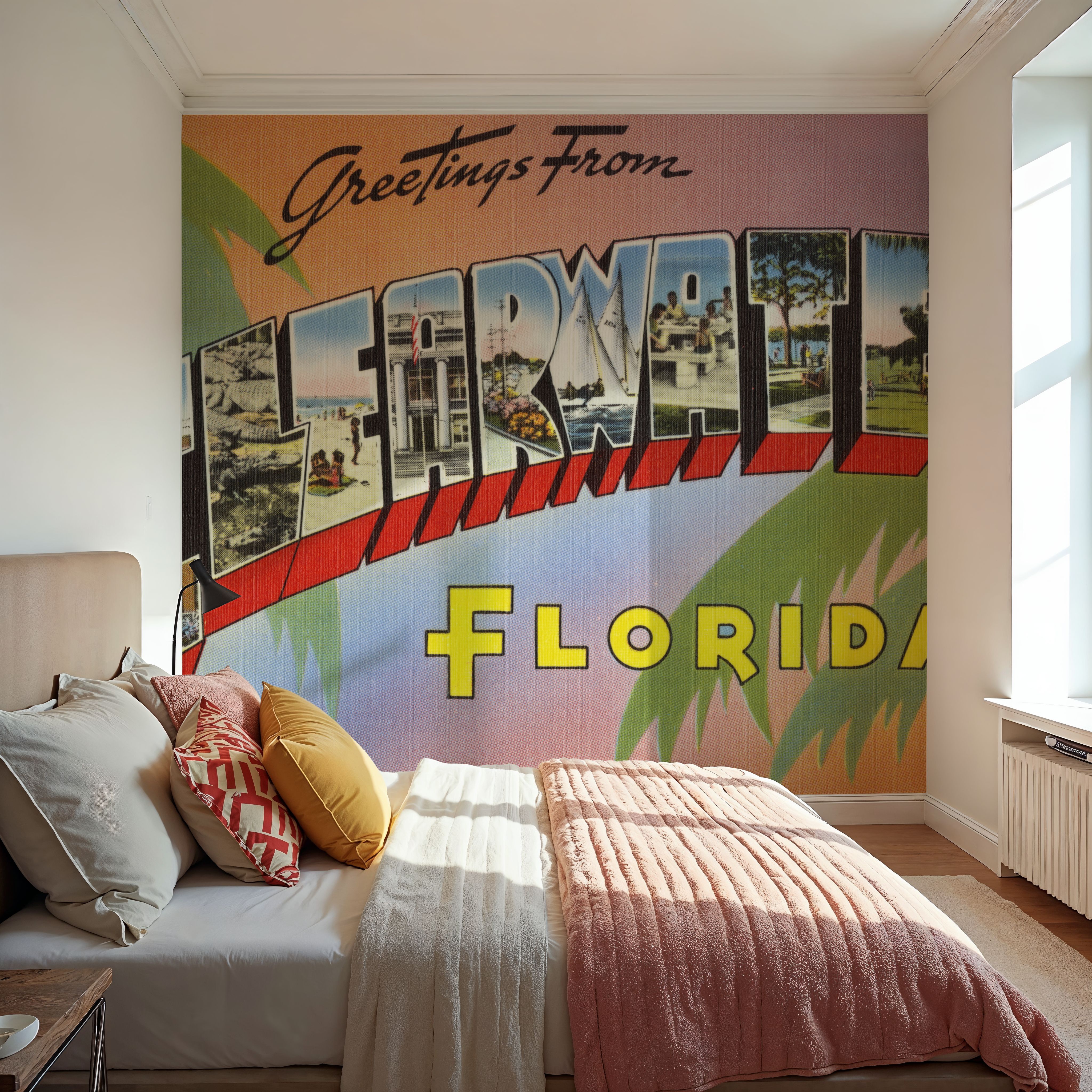 Wall Mural - Greetings from Clearwater - Screenprint Postcard - Holiday Travel & Landmarks mural wallpaper - Orange - Offices - Wallism UK