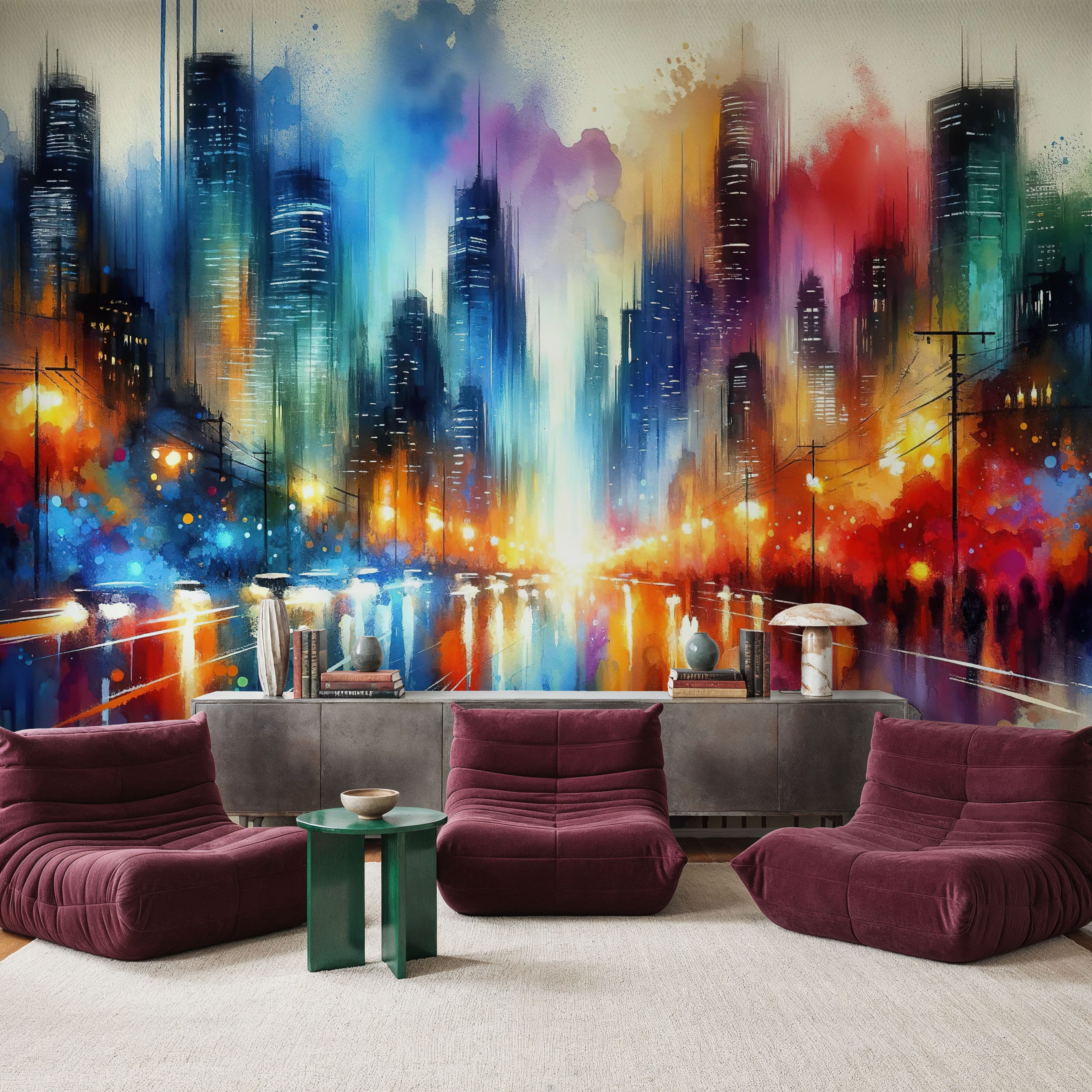 Watercolor Abstract Skyline At Night