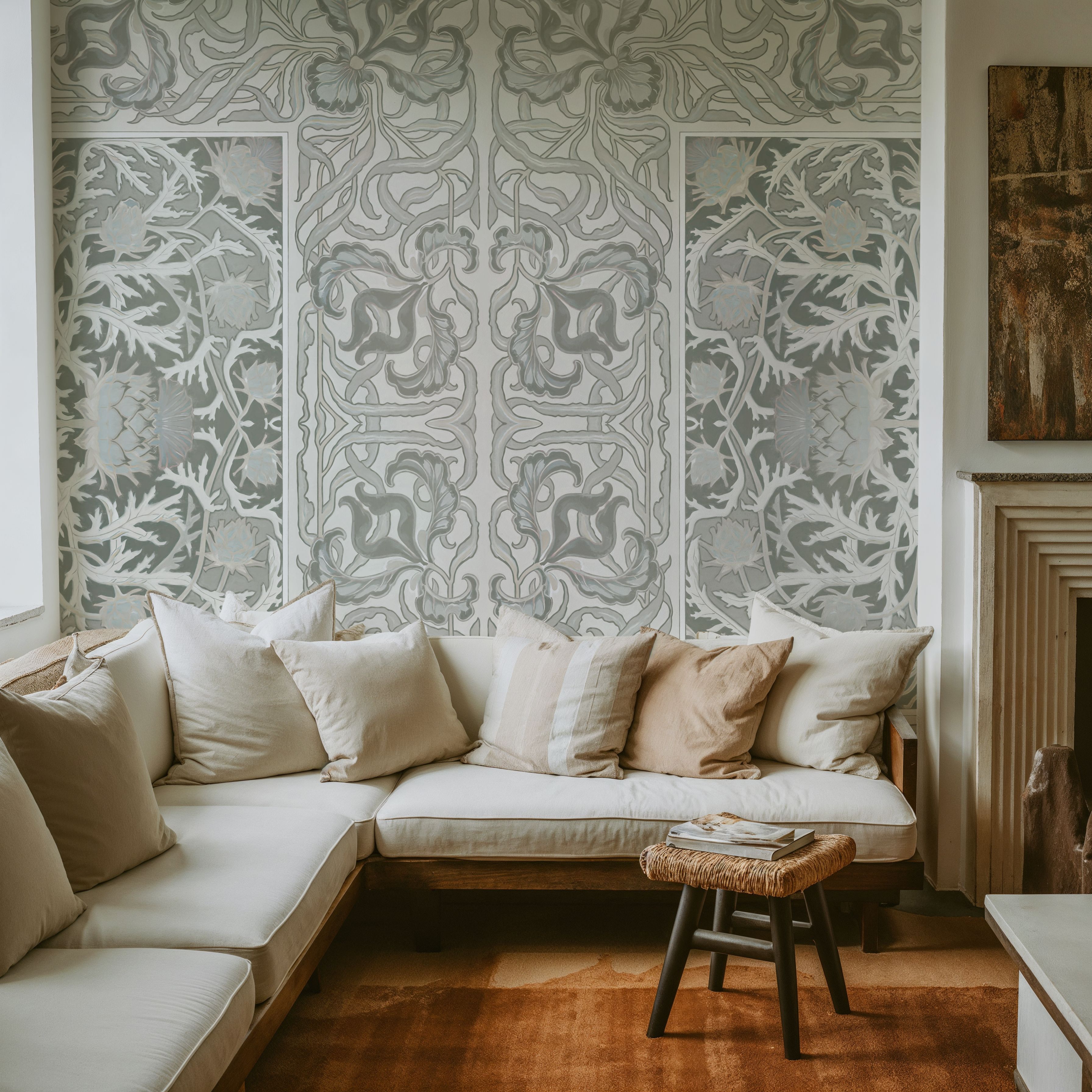 Wall Mural - Iris & Thistle Ornament, Sage - Arts & Crafts Damask mural wallpaper - Green - Living room - Wallism UK