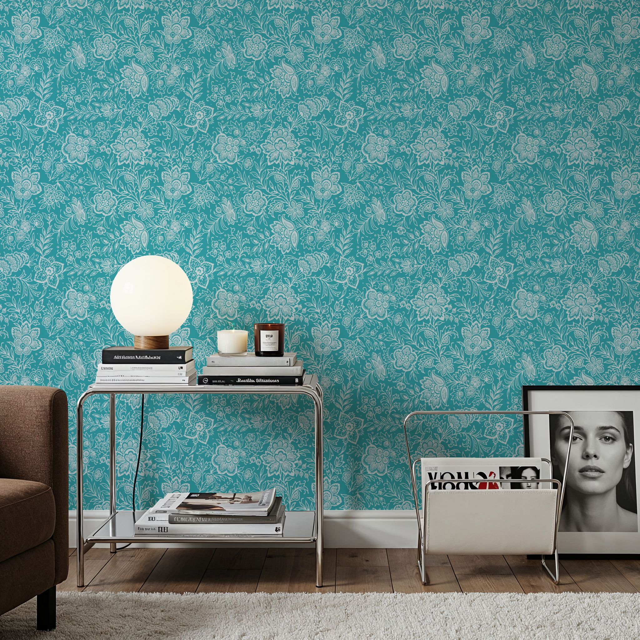 Kala Flowers White on Turqouise