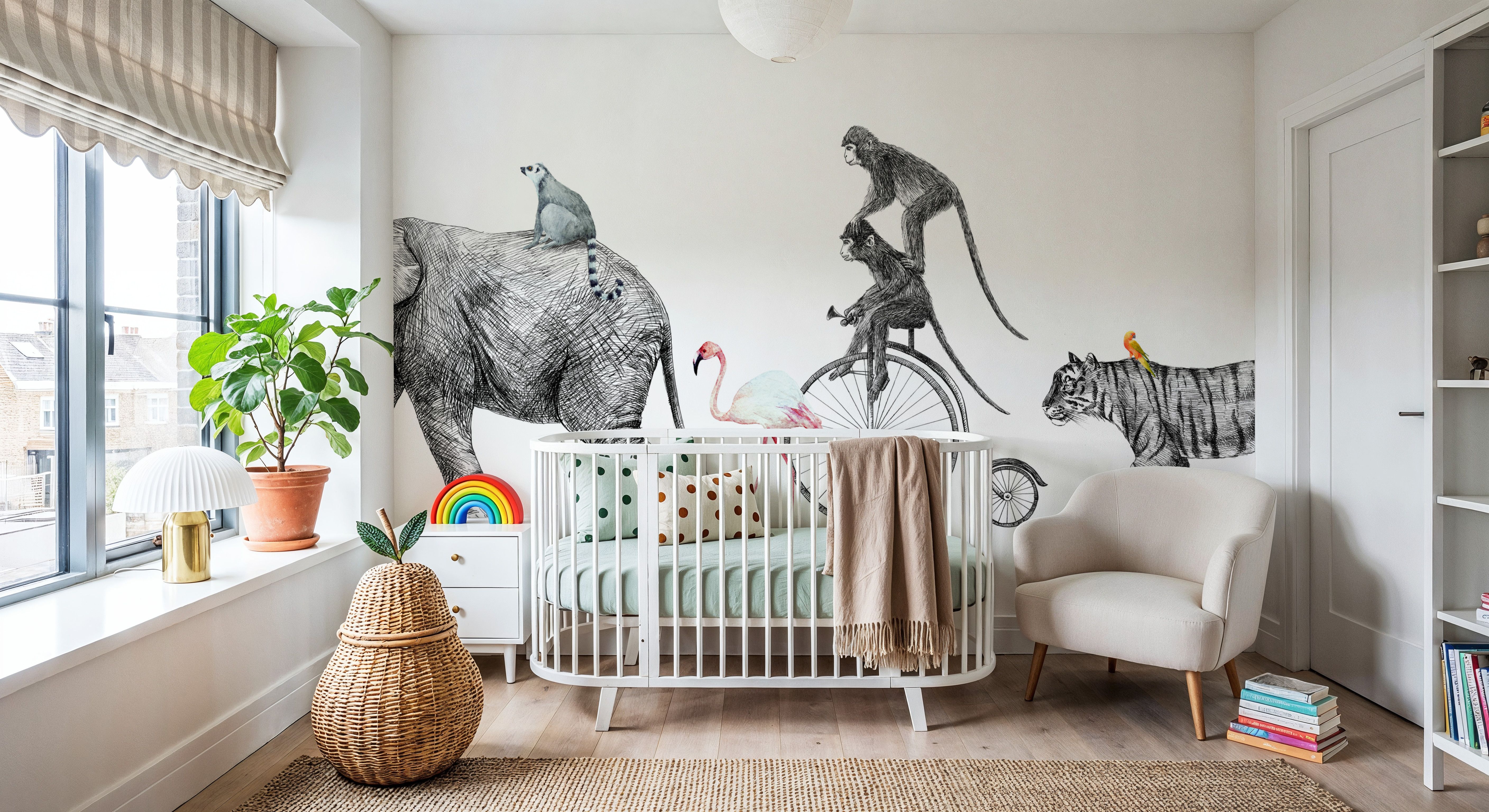 Fun Illustration of Elephant, Tiger & Monkeys on a Walk, Wallpaper