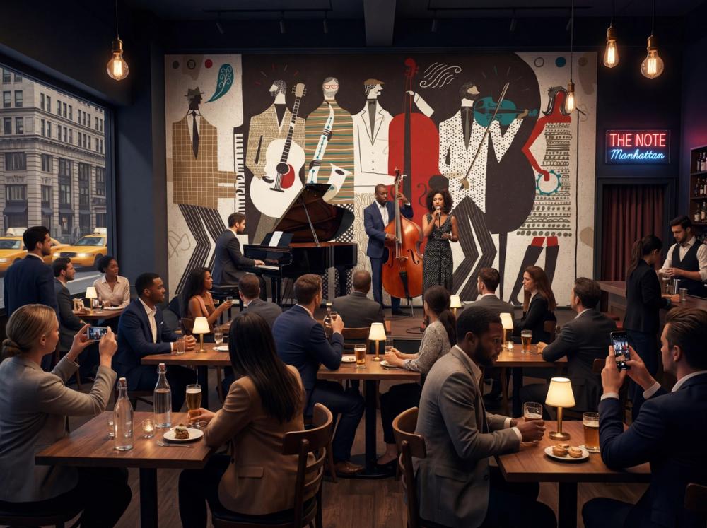 an interior photo of a manhattan jazz club with stage and a jazz themed wallpaper mural on the wall