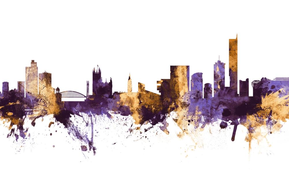 Manchester England Skyline Purple & Gold