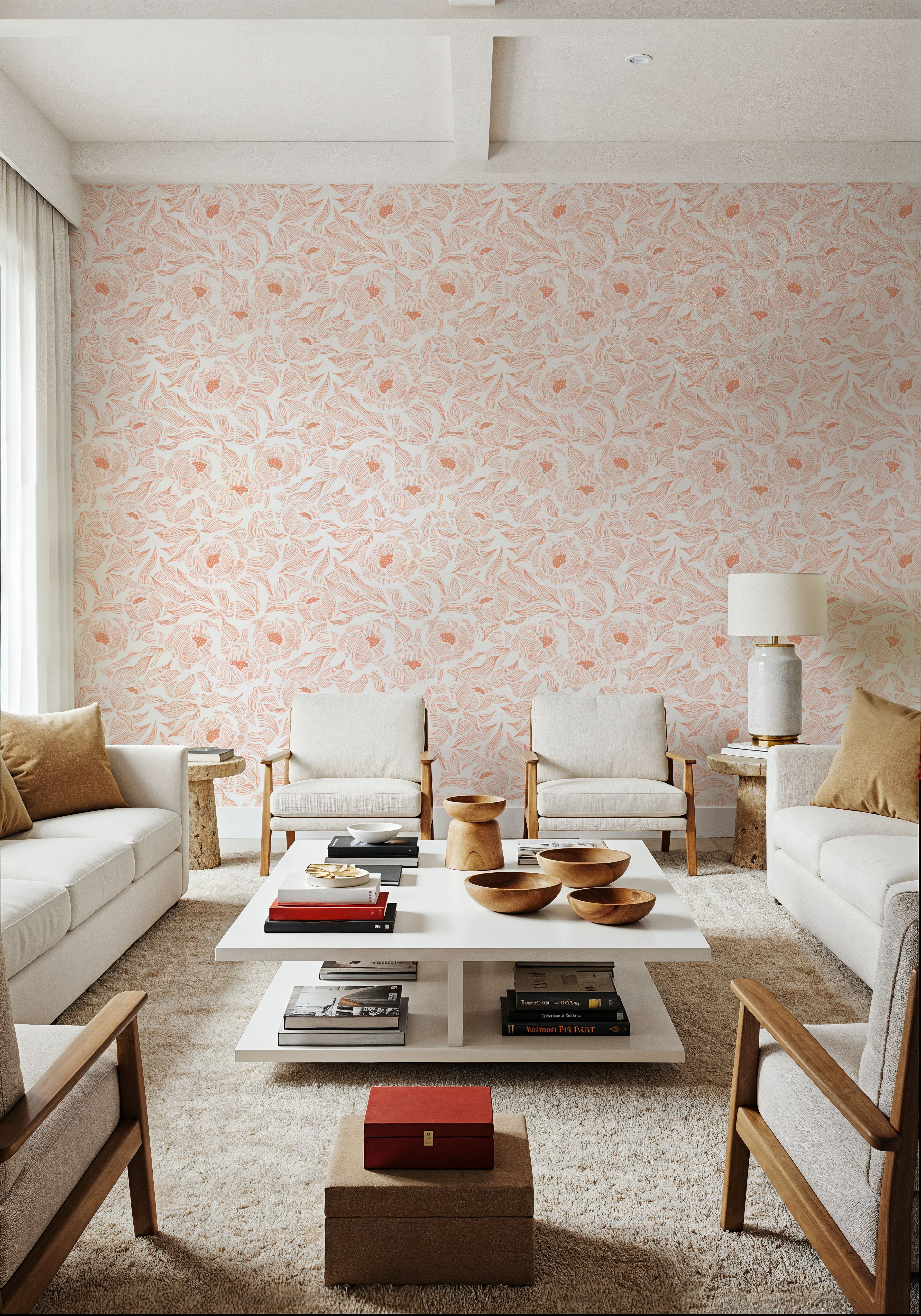 Hidden Peonies, Orange on White