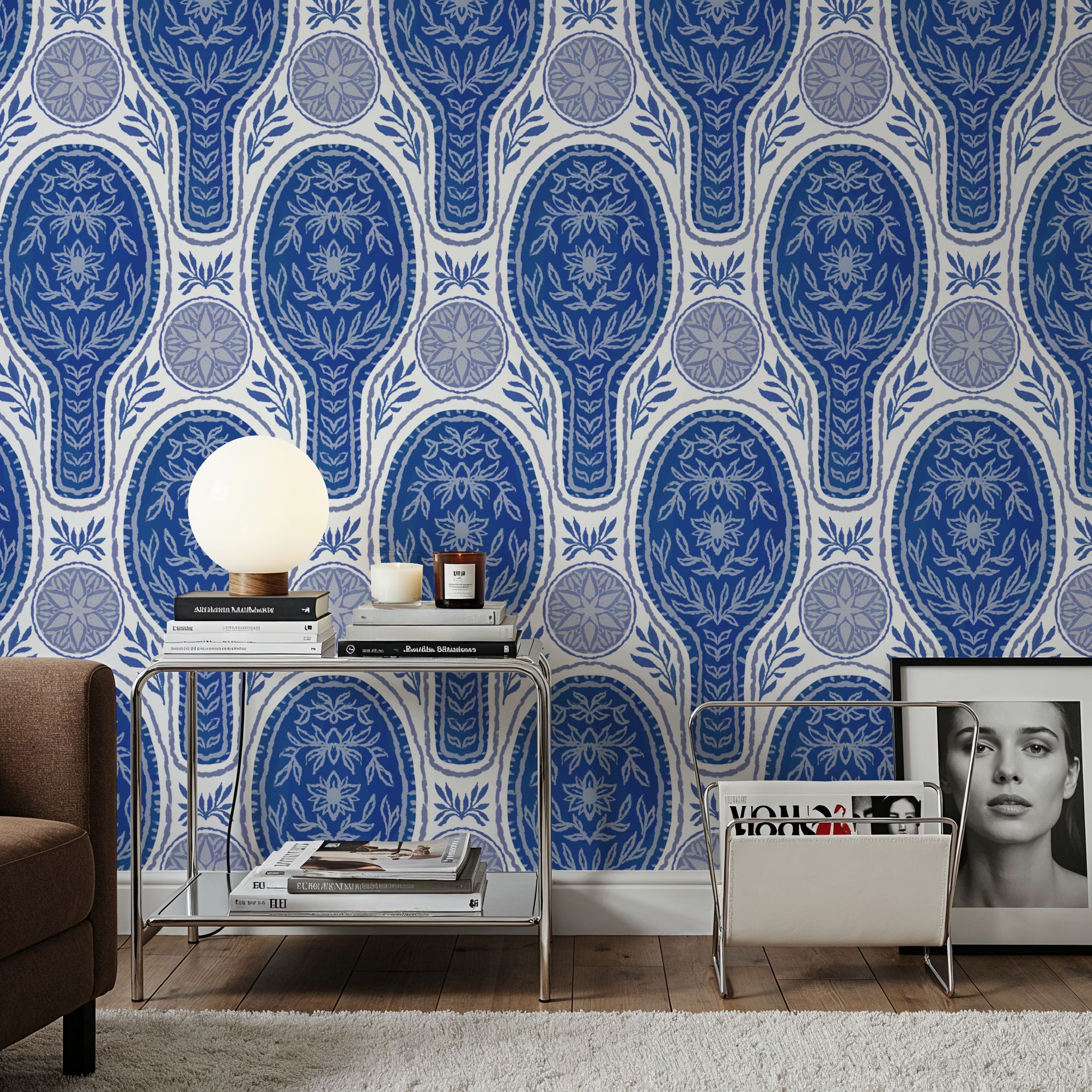 Floral Rackets, Blue, Wallpaper