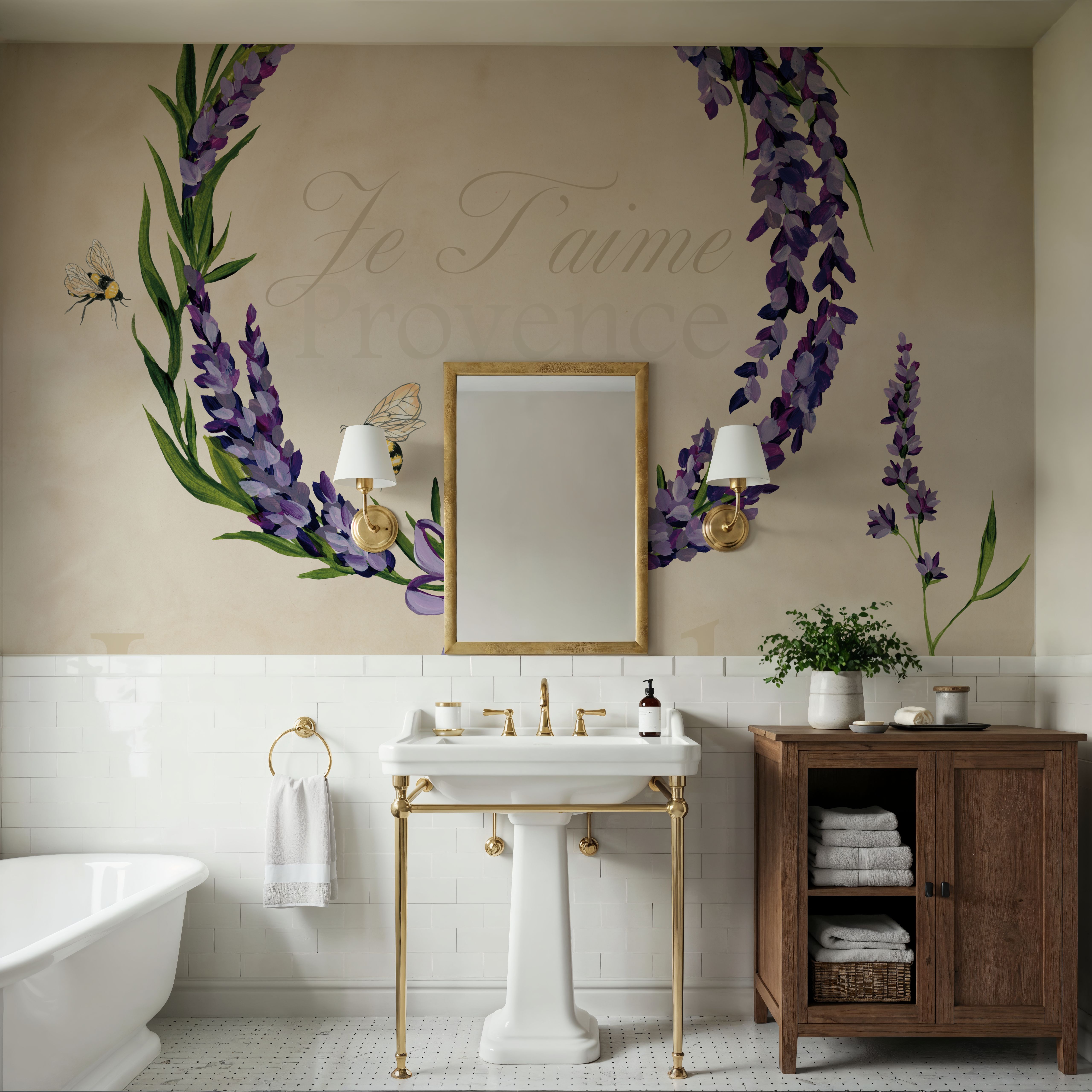 Wall Mural - Lavender Bliss II - Floral Insects mural wallpaper - Living room - Wallism US - Premium, Textured or Peel & Stick