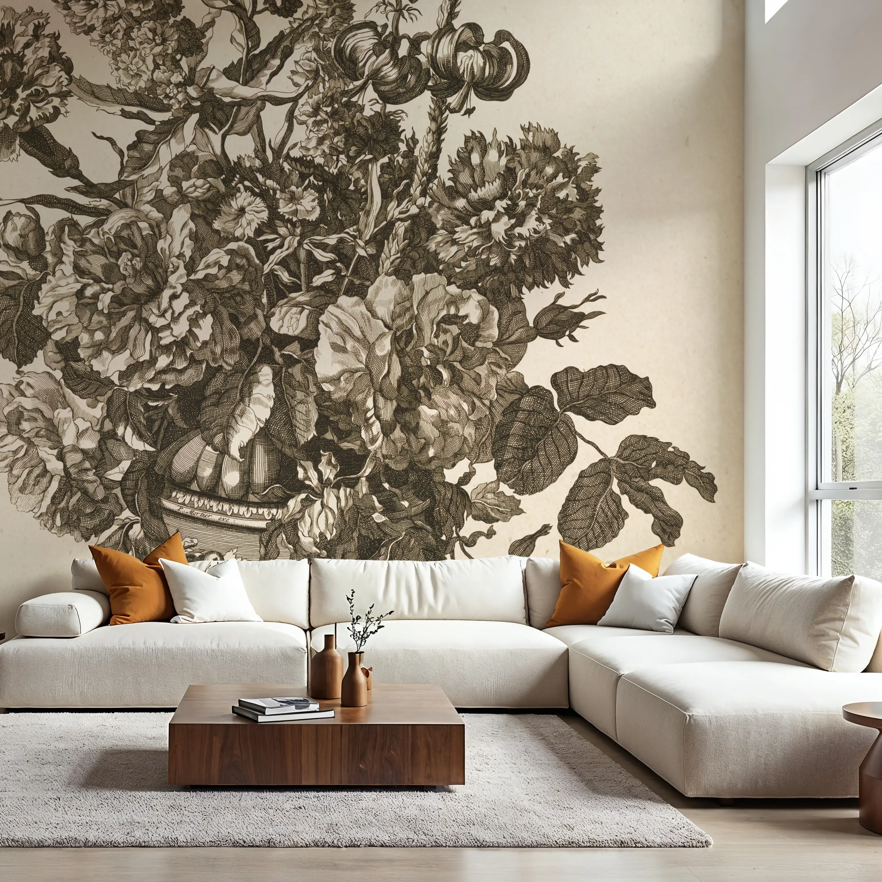 Fotobehang - Urn Arrangement I - Chintz Natuur Mural - Bruin - Gangtrappen - Wallism Nederland - Zelfklevend of Vliesbehang
