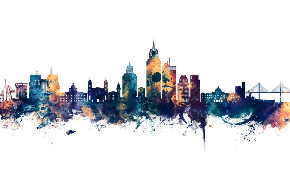 Mobile Alabama Skyline Blue & Bronze