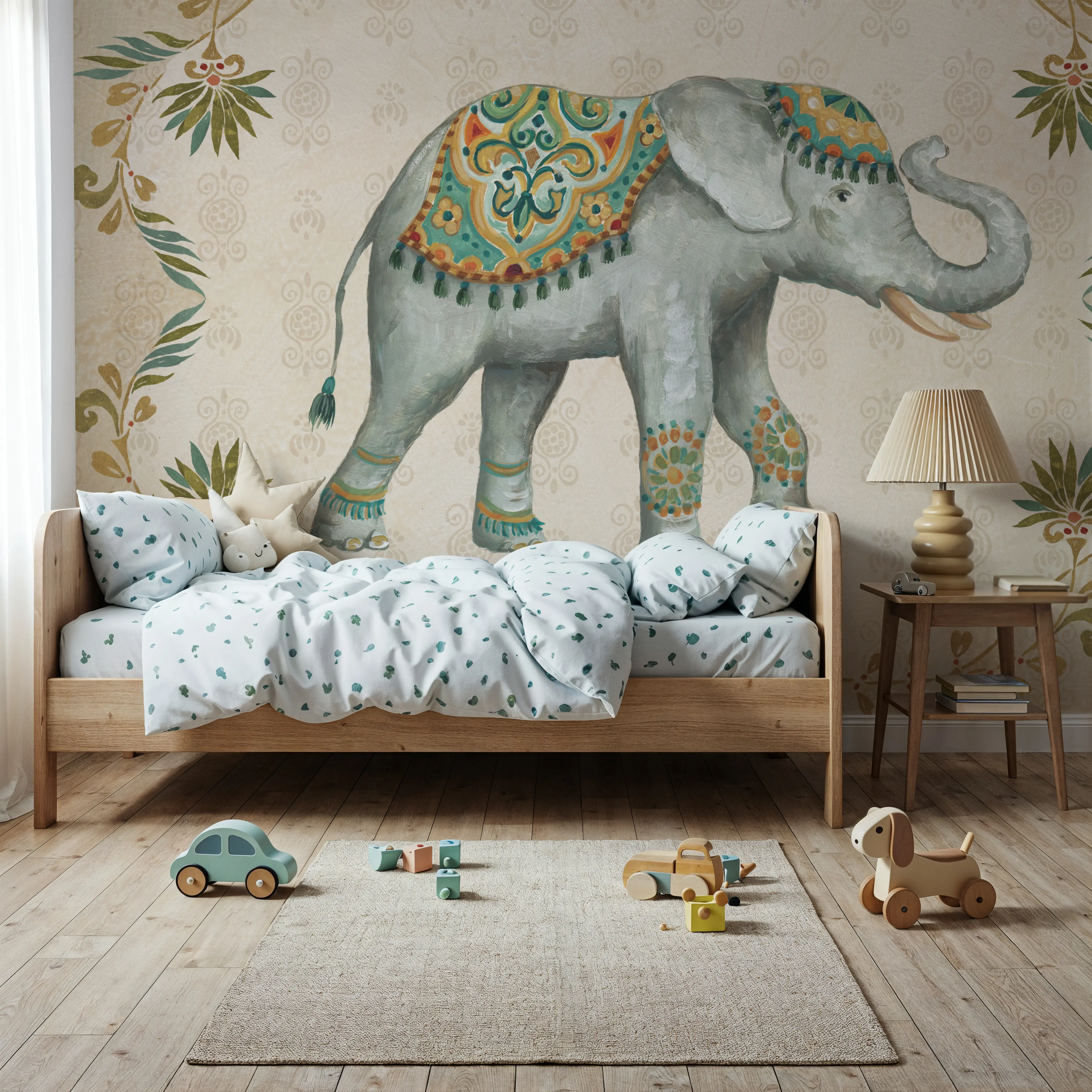 Fotobehang - Elephant Walk IV - Folk Wild Mural - Groen - Kinderkamer - Wallism Nederland - Zelfklevend of Vliesbehang