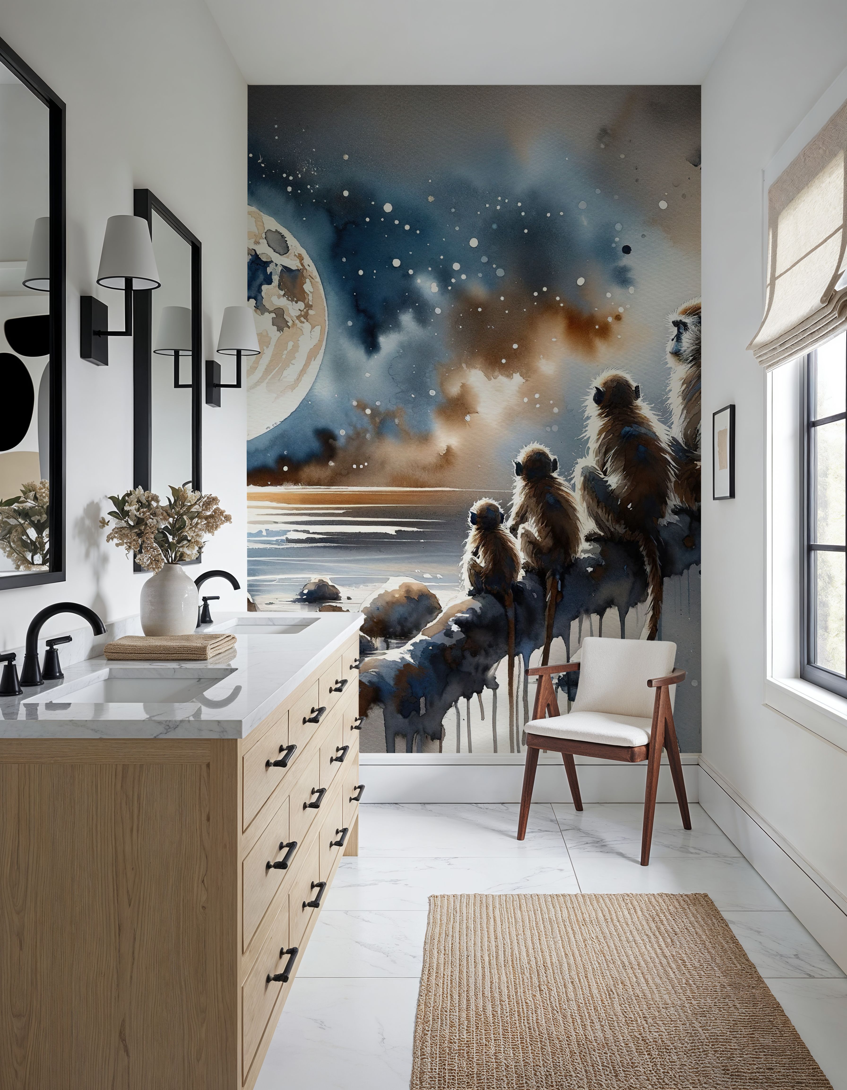 Monkey Family Night Giant Moon Watercolor