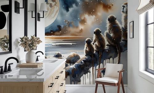 Monkey Family Night Giant Moon Watercolor