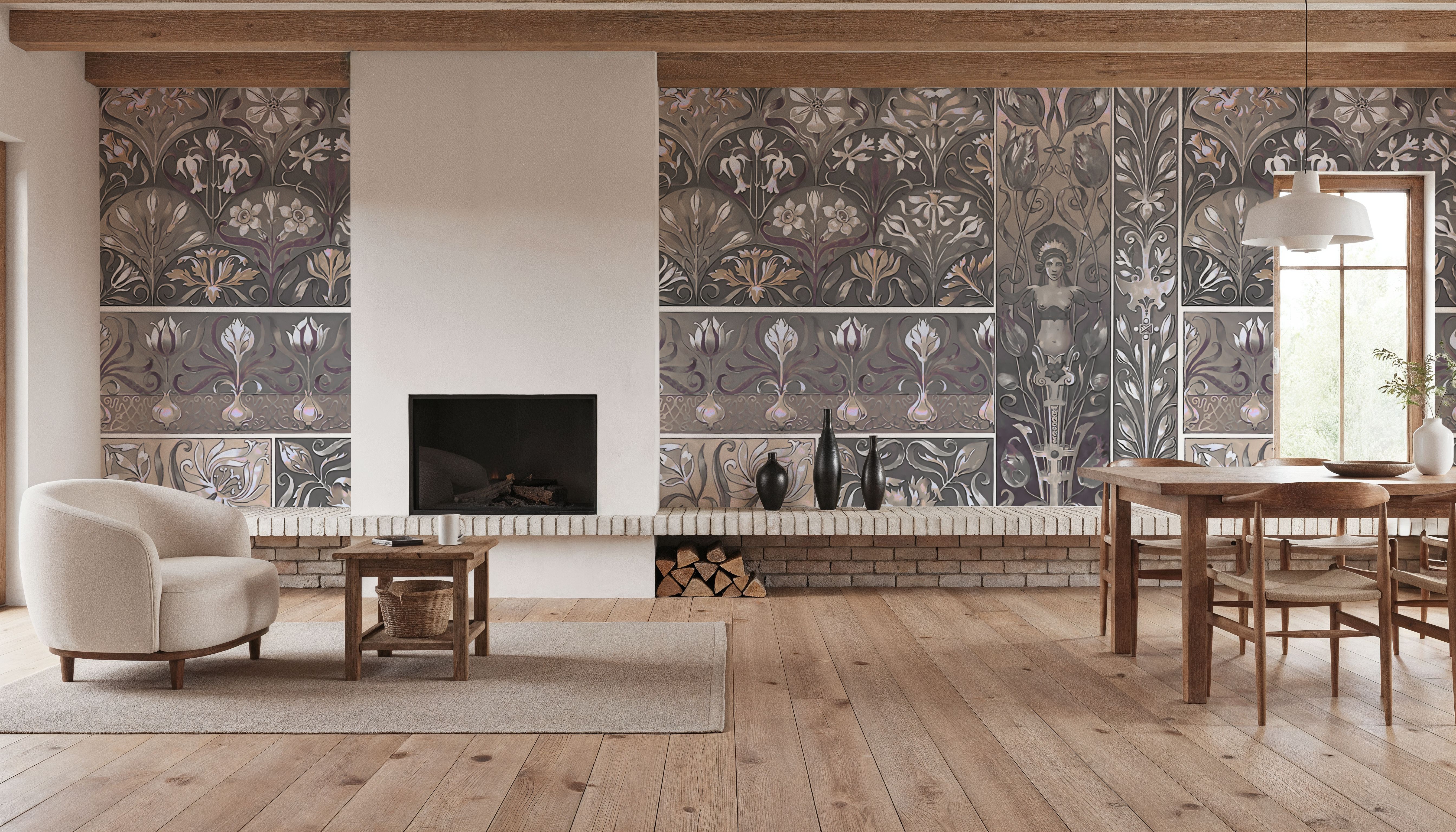 Art Deco Floral Wall Beige, Carte da parati