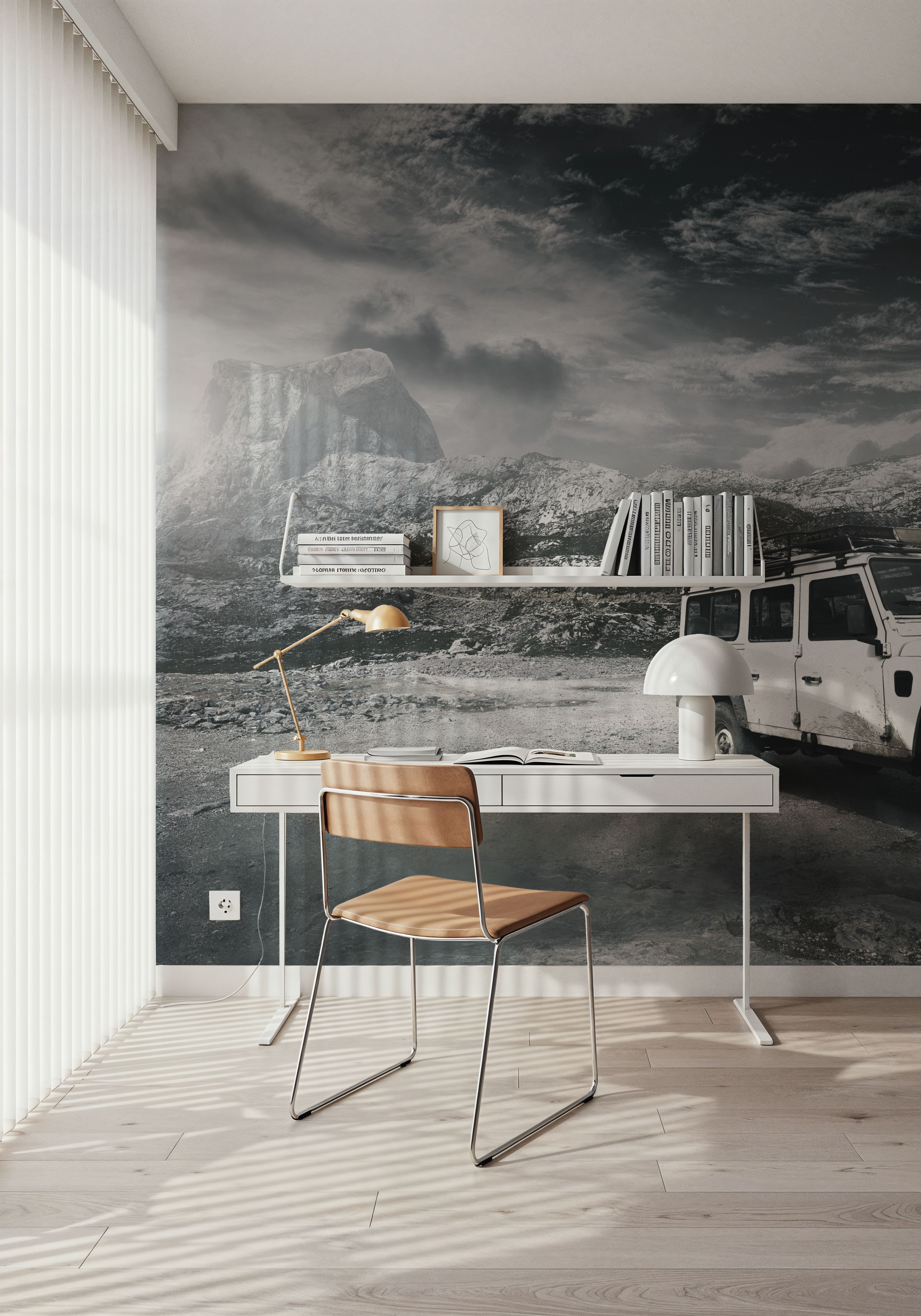 Wall Mural - Mountain Expedition - Mountains Vehicles mural wallpaper - White - Dining Room - Wallism US - Premium, Textured or Peel & Stick