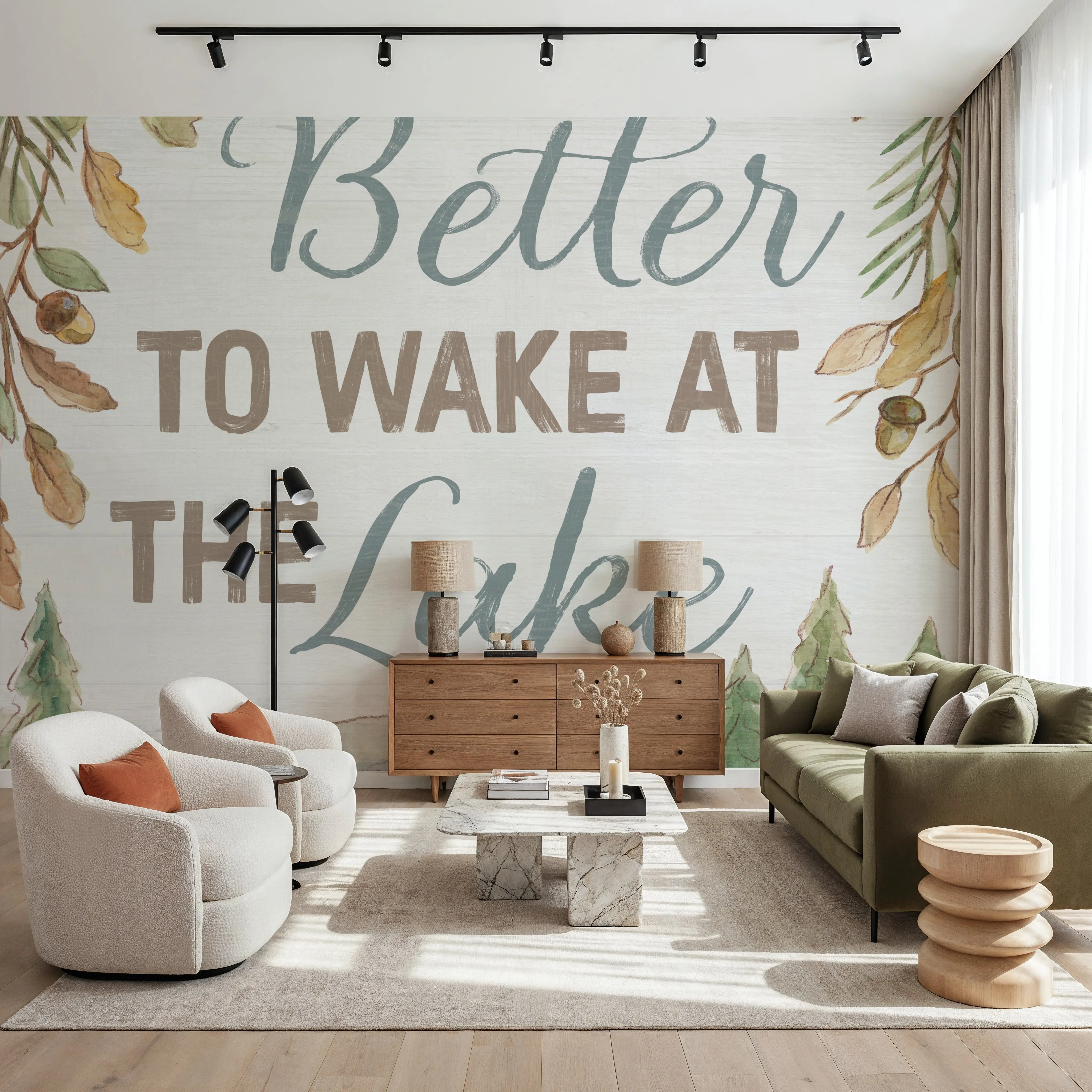 Papier Peint Panoramique - Lake Retreat III - Feuillage Paysages - Vert - Chambre - Wallism Belgique - Encollage au mur ou Autocollant