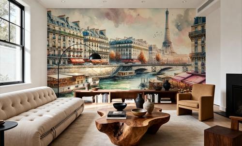 Parisian River Scene with Eiffel Tower