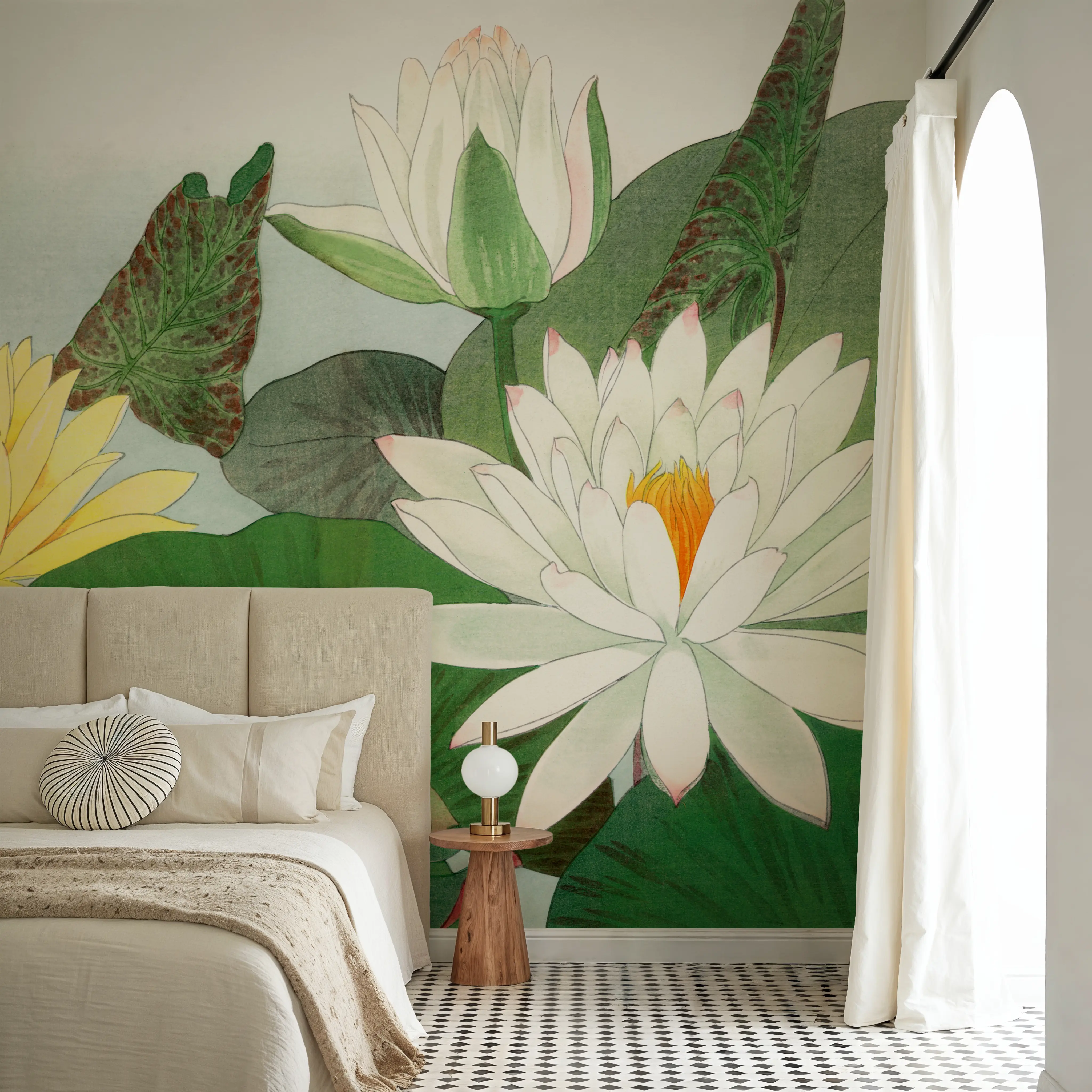 Wall Mural - Tanigami Lotus - Floral Nature mural wallpaper - Green - Hallway staircases - Wallism UK - Peel & Stick or Paste-the-Wall