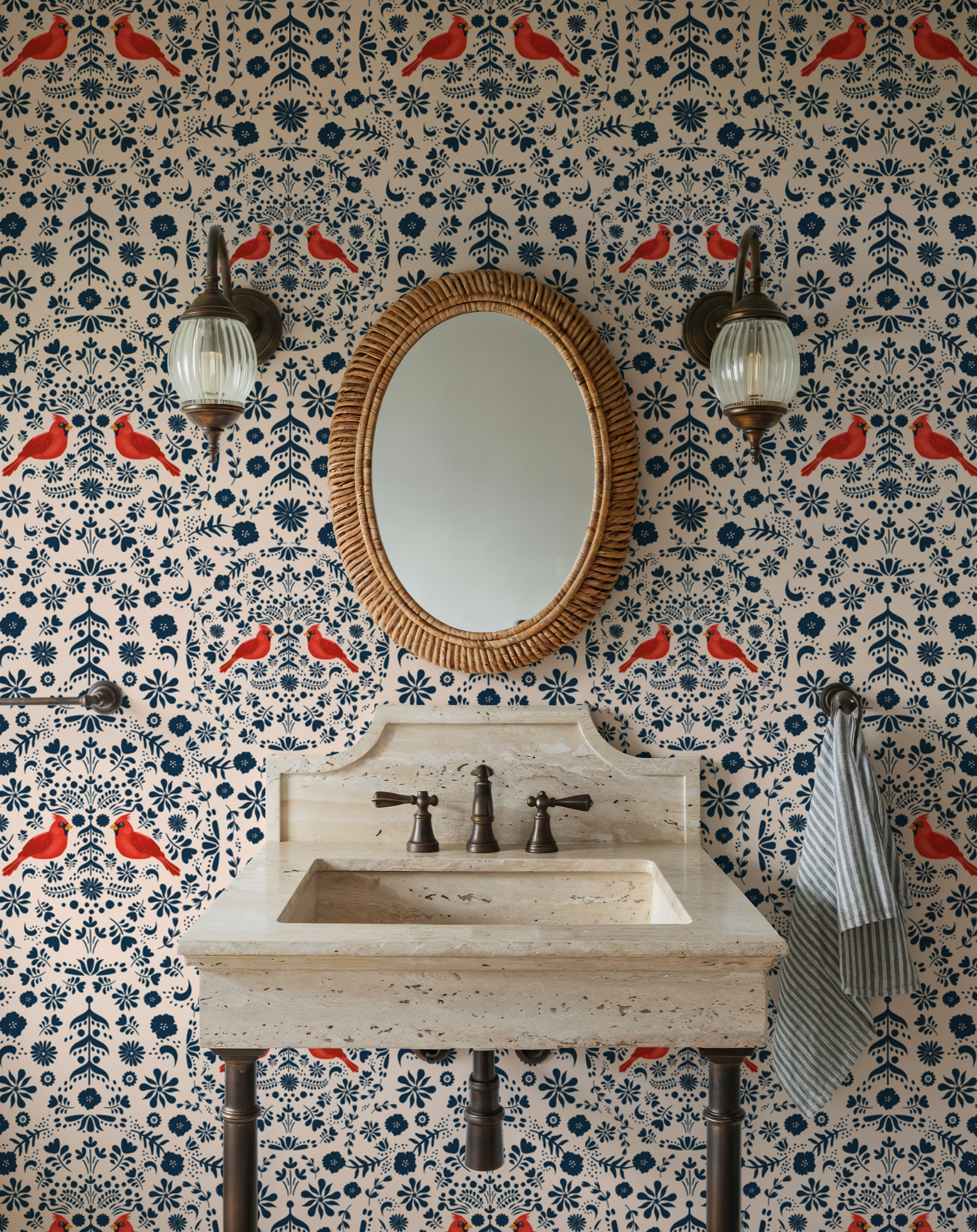 Cardinal Christmas, Blue on Cream
