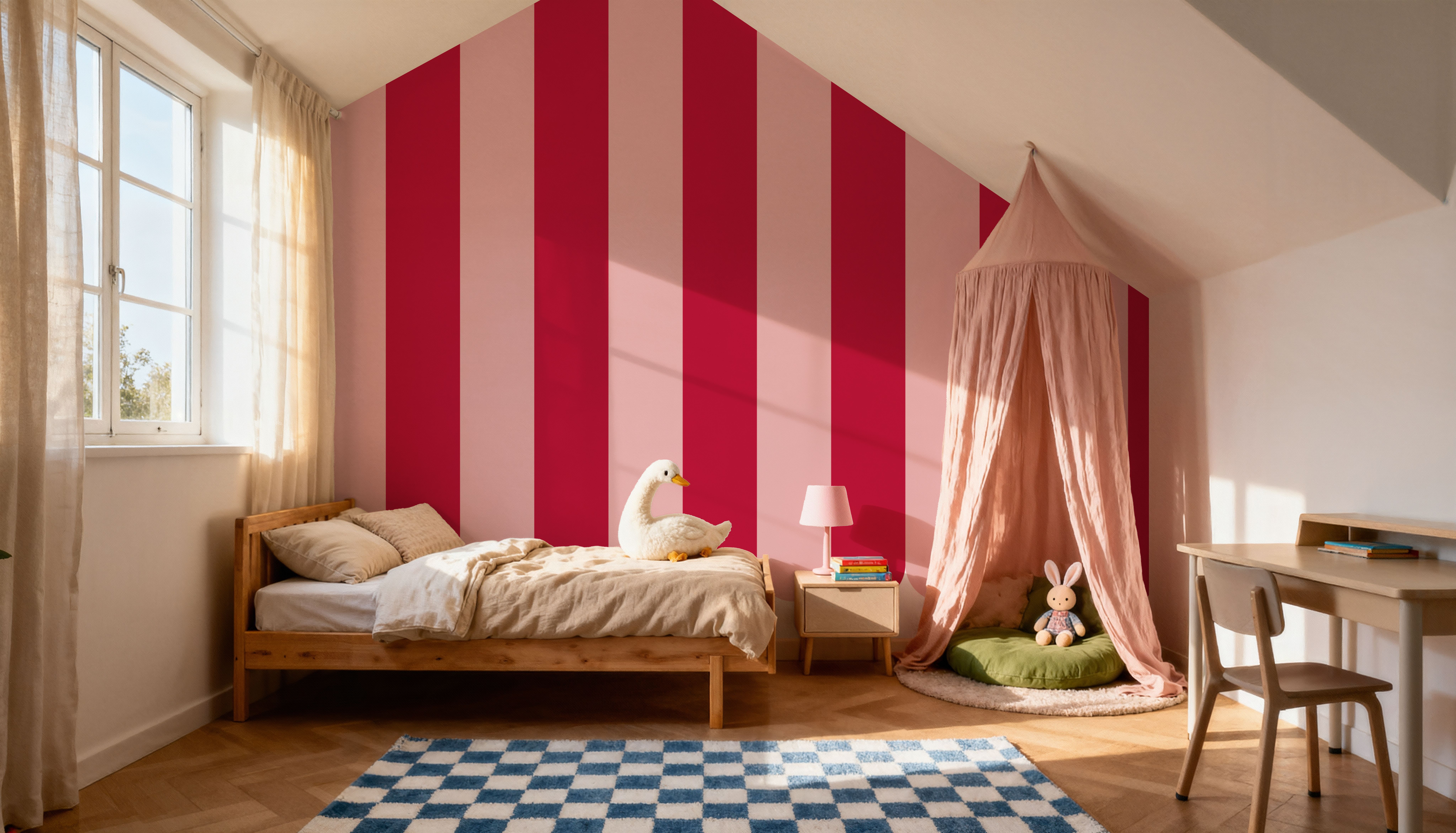 Scalloped Circus Stripes, Red on Pink