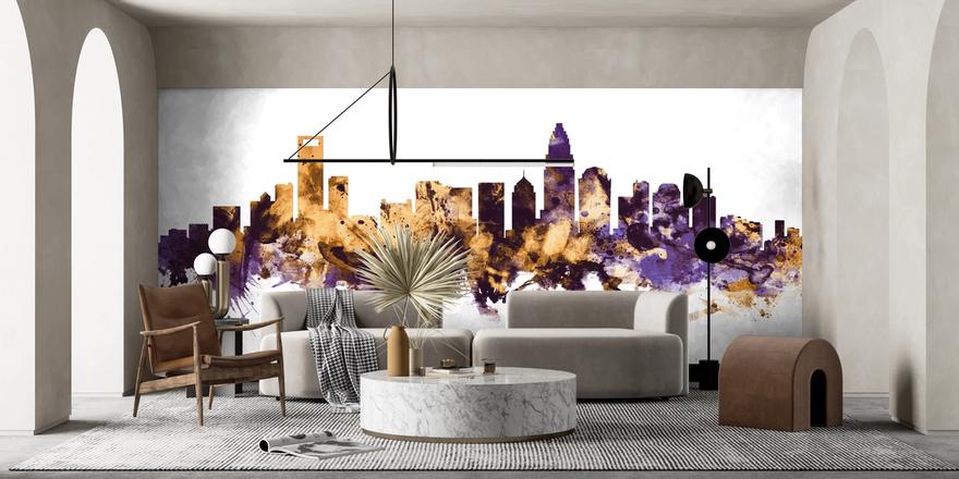 Charlotte North Carolina Skyline Purple & Gold wallpaper mural 100% PVC ...