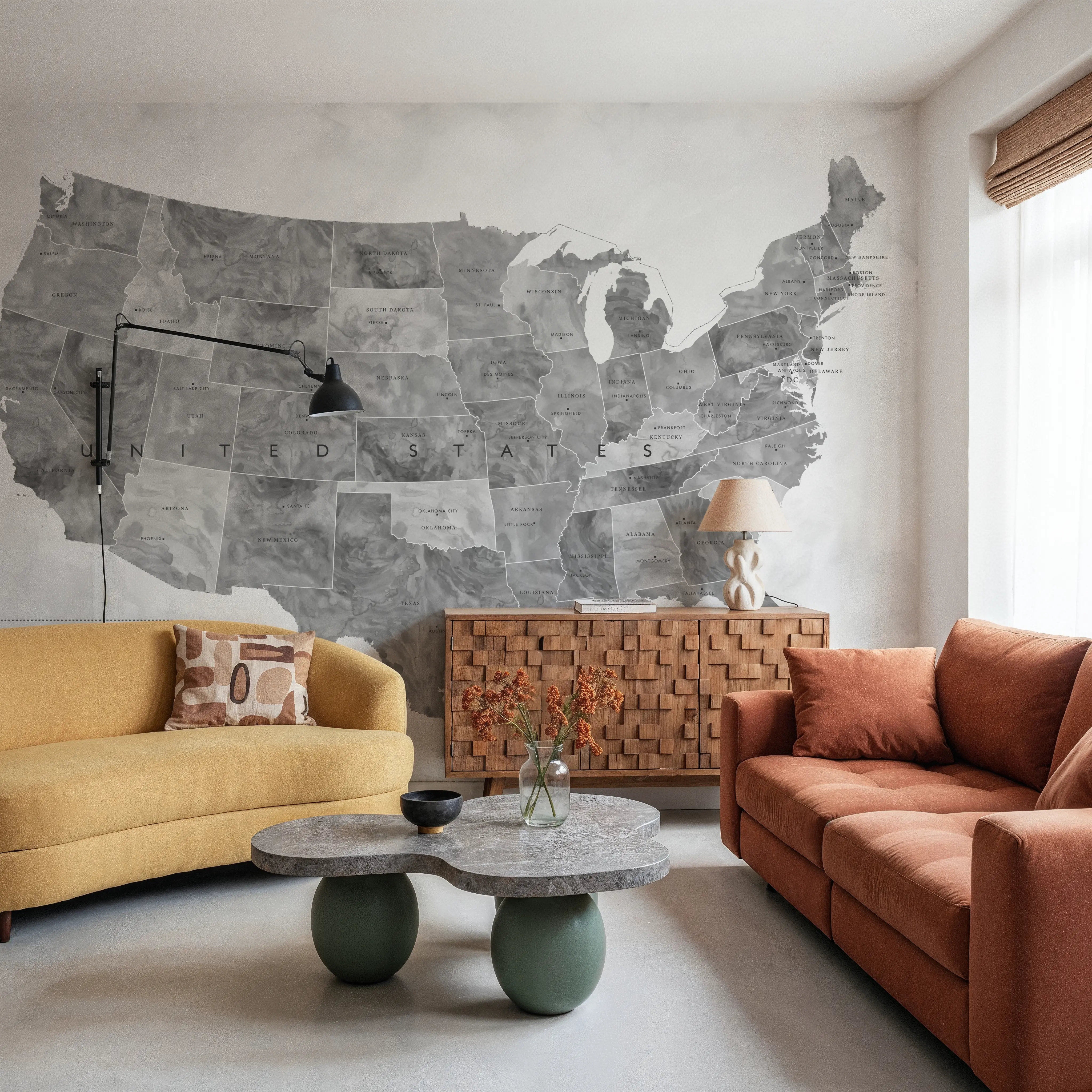 Papier Peint Panoramique - US State Map - Jimmy Wash - Ville Pays - Gris - Chambre - Wallism Belgique - Encollage au mur ou Autocollant