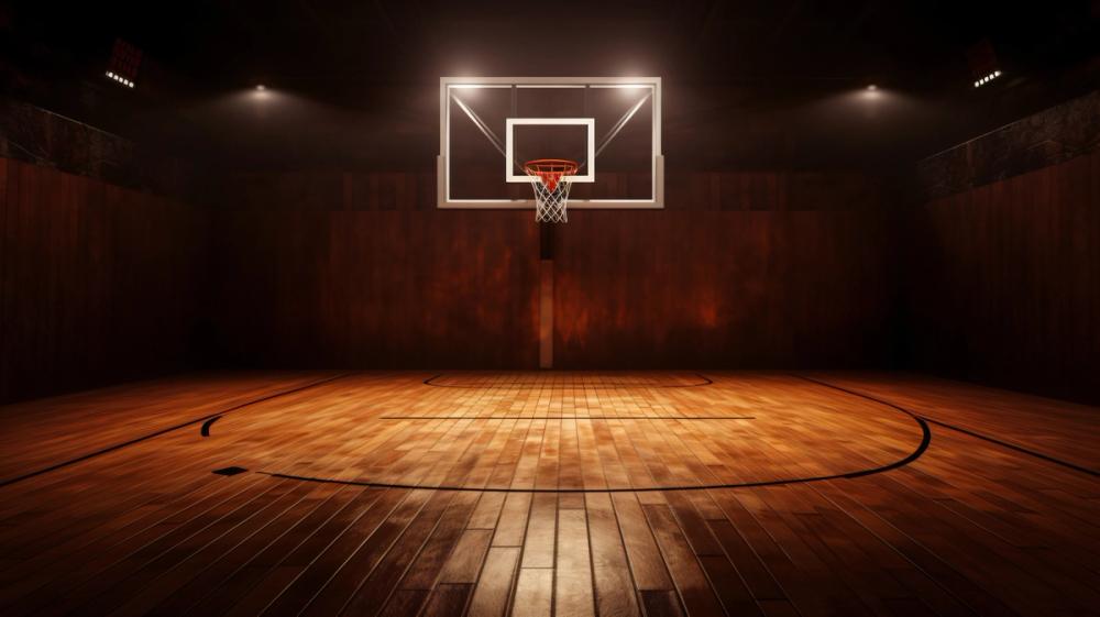 A photo on an indoor basketball court with focus on the basket goal
