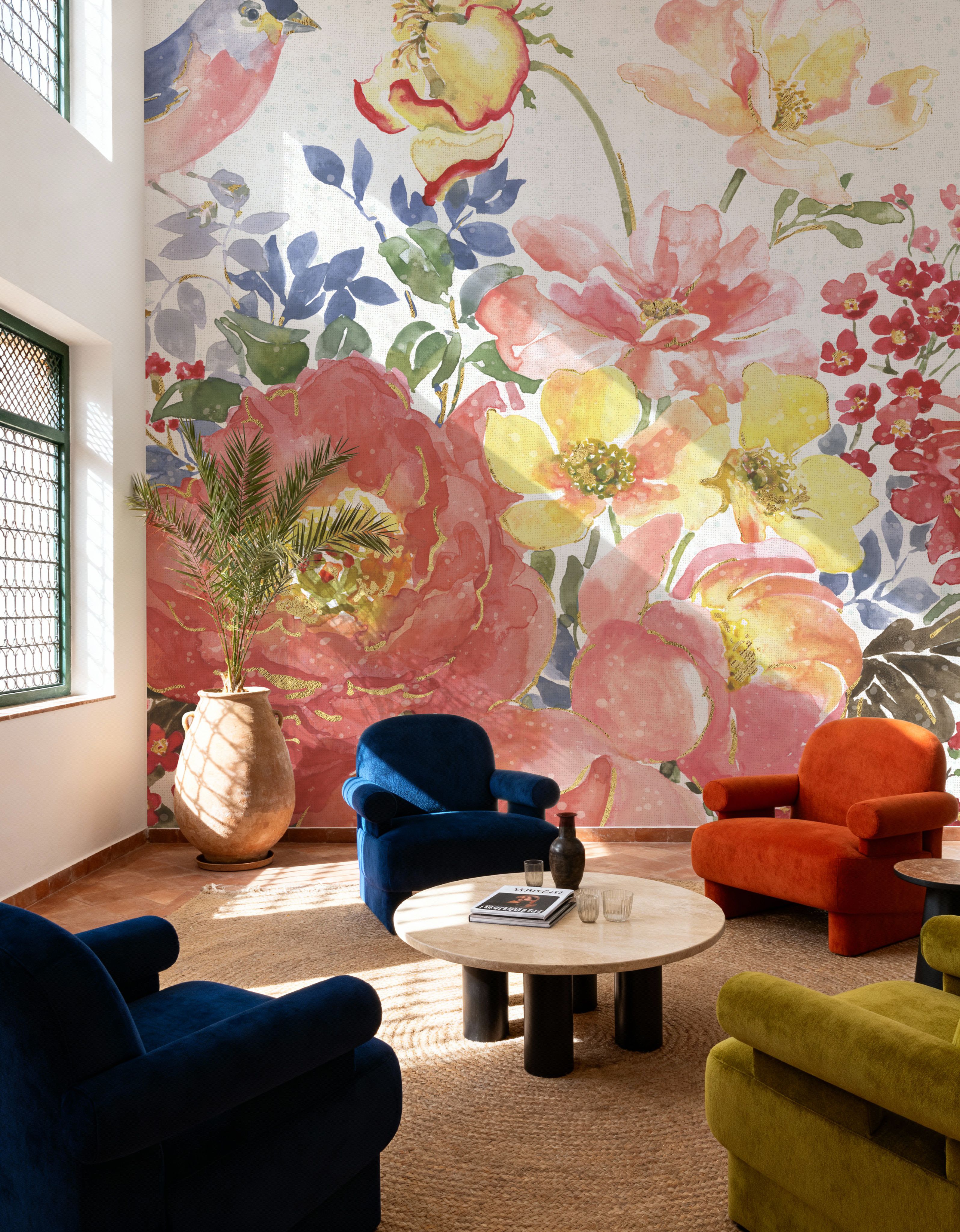 Wall Mural - Floral Focus White - Birds Animals mural wallpaper - Bedroom - Wallism US - Premium, Textured or Peel & Stick