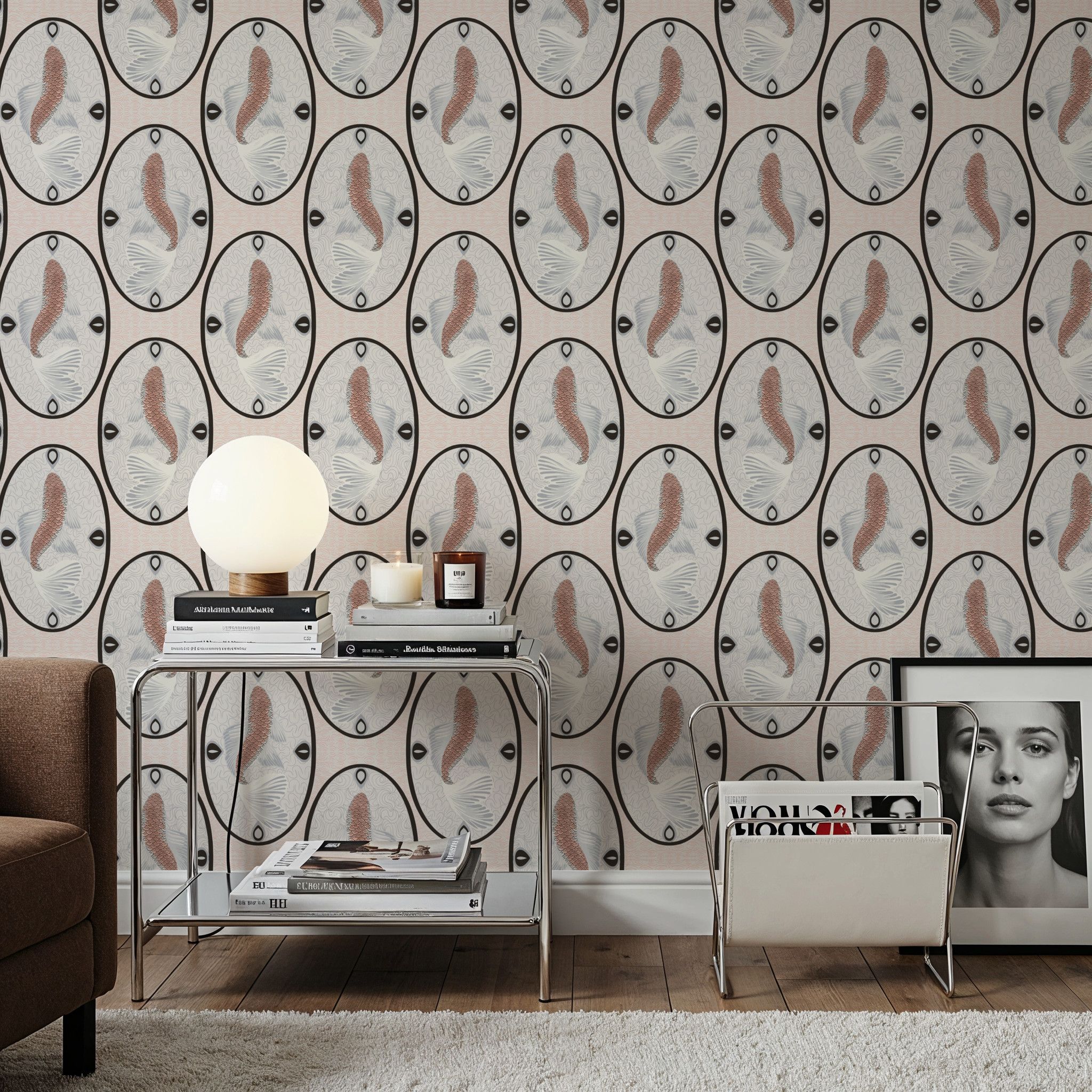 Koi Medallion, Peach, Wallpaper