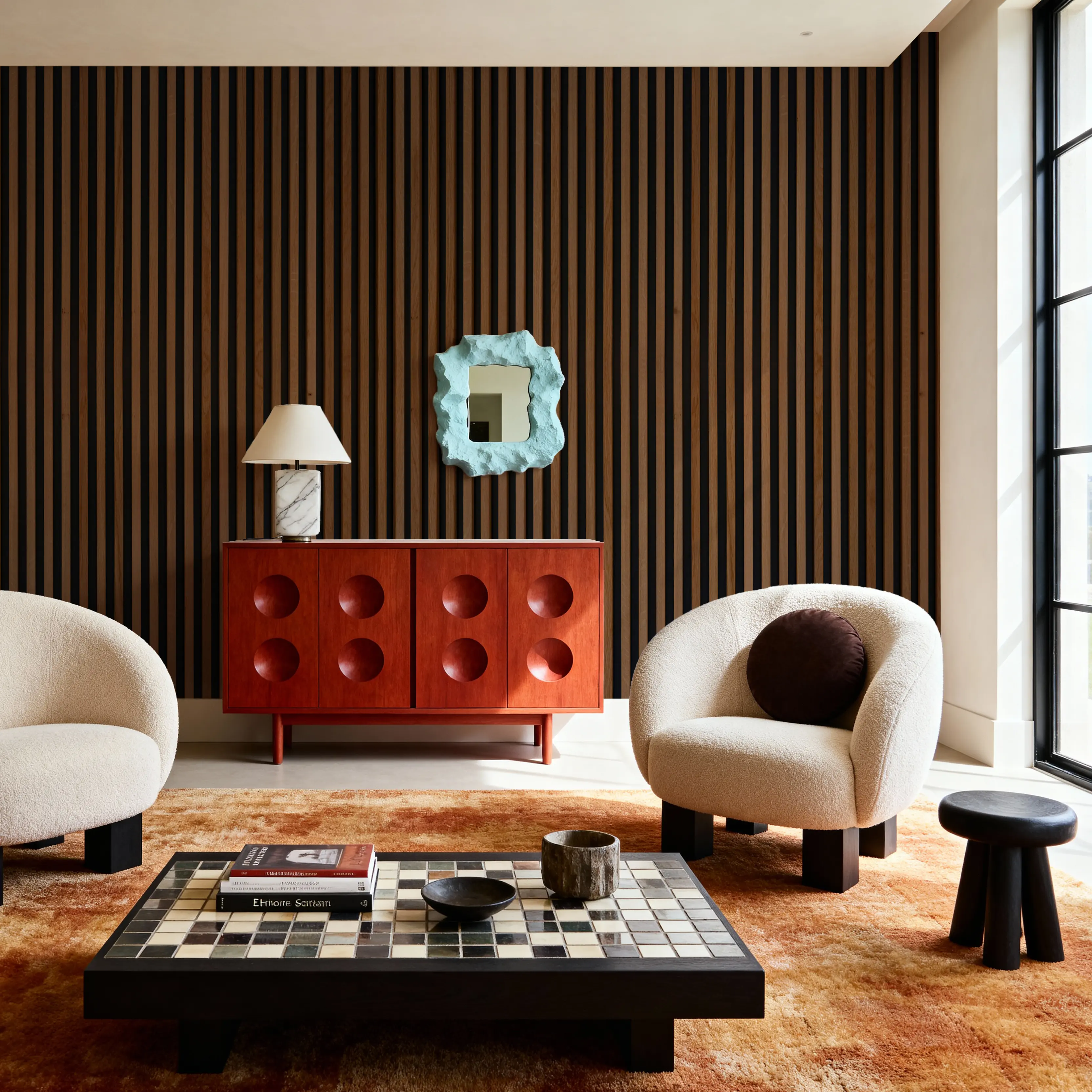 Fotobehang - Faux Slatted Wood Panel - Paneel Behang Strepen Mural - Bruin - Gangtrappen - Wallism België - Zelfklevend of Vliesbehang