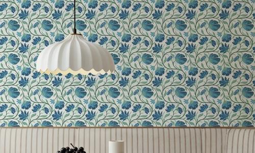 Indial Floral, Teal on Cream