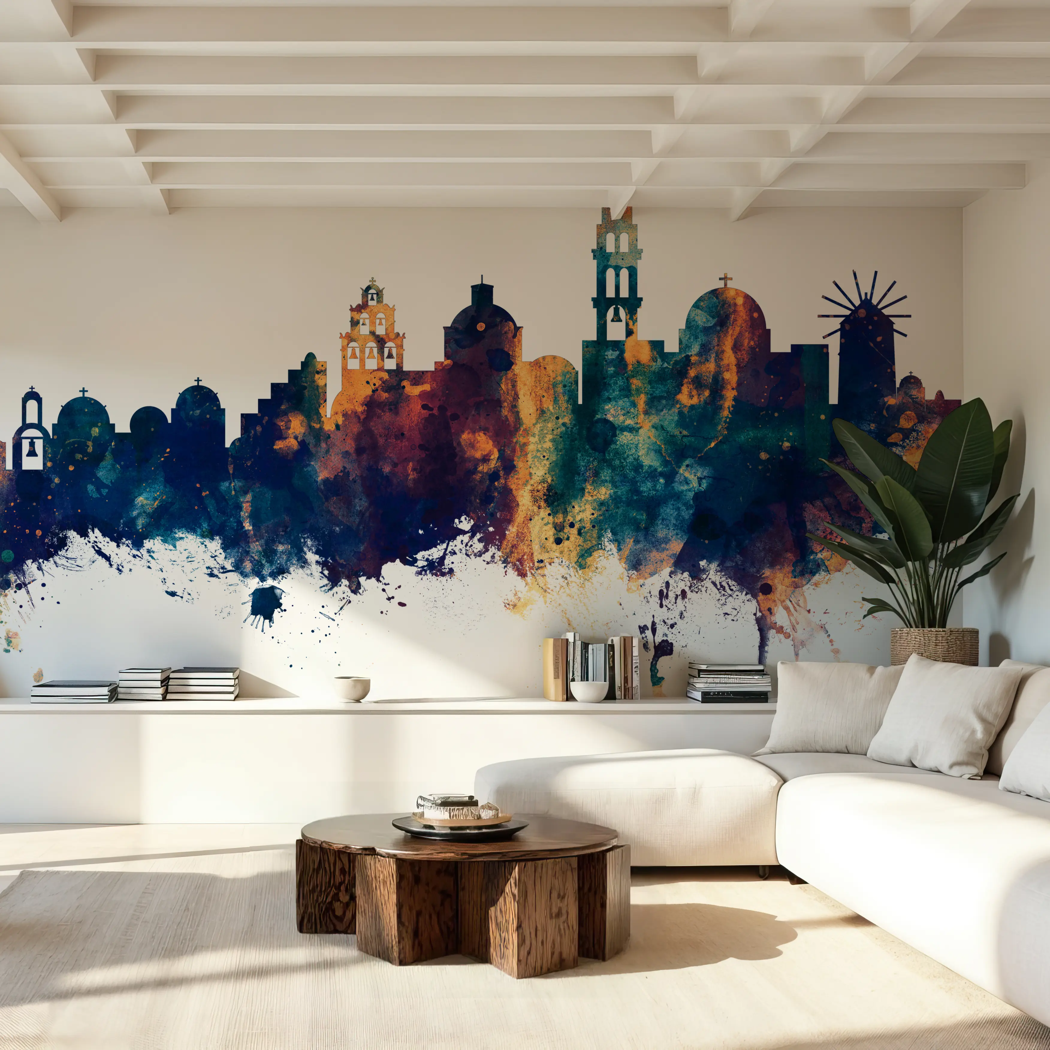 Papier Peint Panoramique - Santorini Skyline Blue & Bronze - Graphiques - Couloir et escaliers - Wallism Belgique - Encollage au mur ou Autocollant