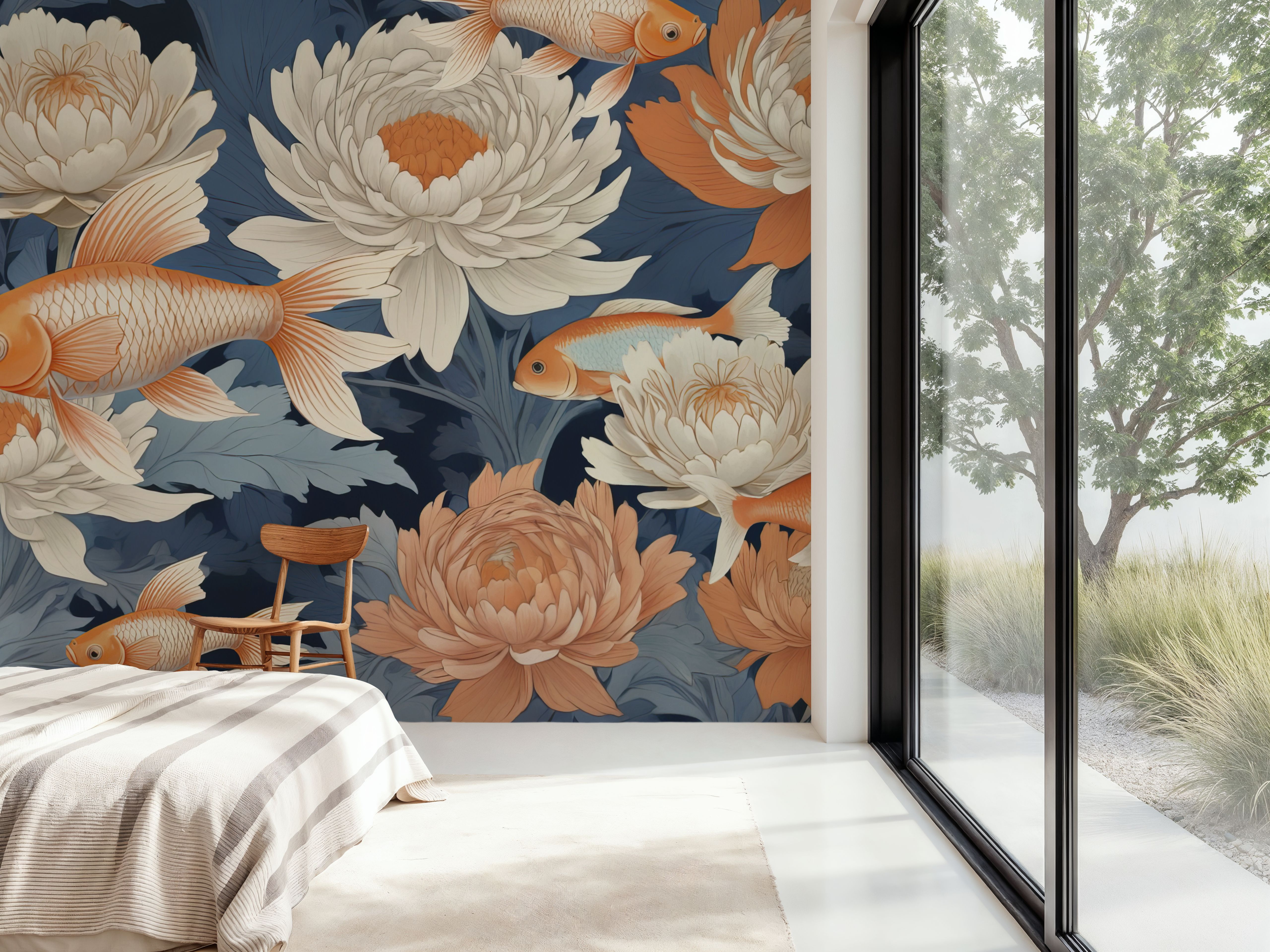 Dancing Fish, Orange on Blue