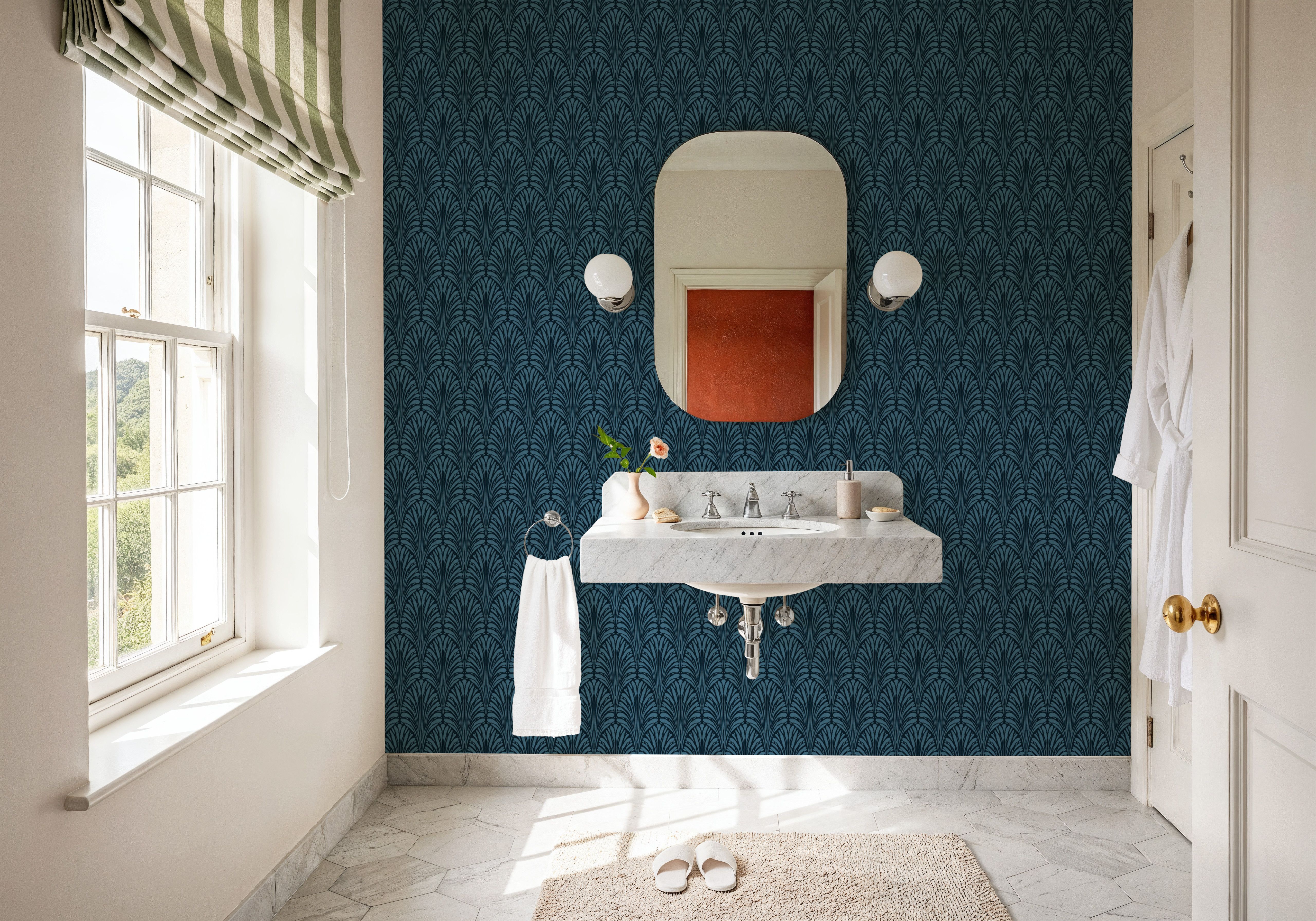 Brushstroke Fan Scallop, French Blue, Papel de parede